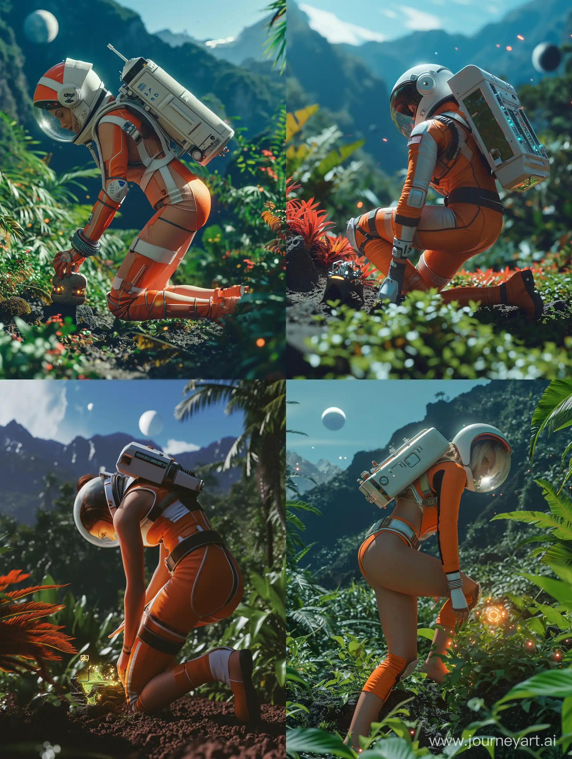Masterpiece, highest quality, rear angle, Highly detailed photo of a (female space soldier wearing orange and white space suit, helmet, with tinted face shield, rebreather, accentuated booty), athletic body, buff ass, [wide hips], (bending over and leaning forward to investigating a strange glowing alien artifact), on alien exoplanet, (mountains:1.1), (exotic rain forest), lush vibrant foliage, (two moons in the sky:0.8), (hyperdetailed, intricately detailed), background by Jessica Rossier, (sci-fi), during the day, (lens flare:0.5), (bloom:0.6), particle effects, (cinematic lighting:1.1), sharp shadows, ambient light, [bioluminescente], raytracing, photographed on a Leica S3, RF 35mm lens, F2.8 , sharp focus, Cinestill 800T, still frame from Gravity 2013, 8k, HDR, from behind, (epic)
