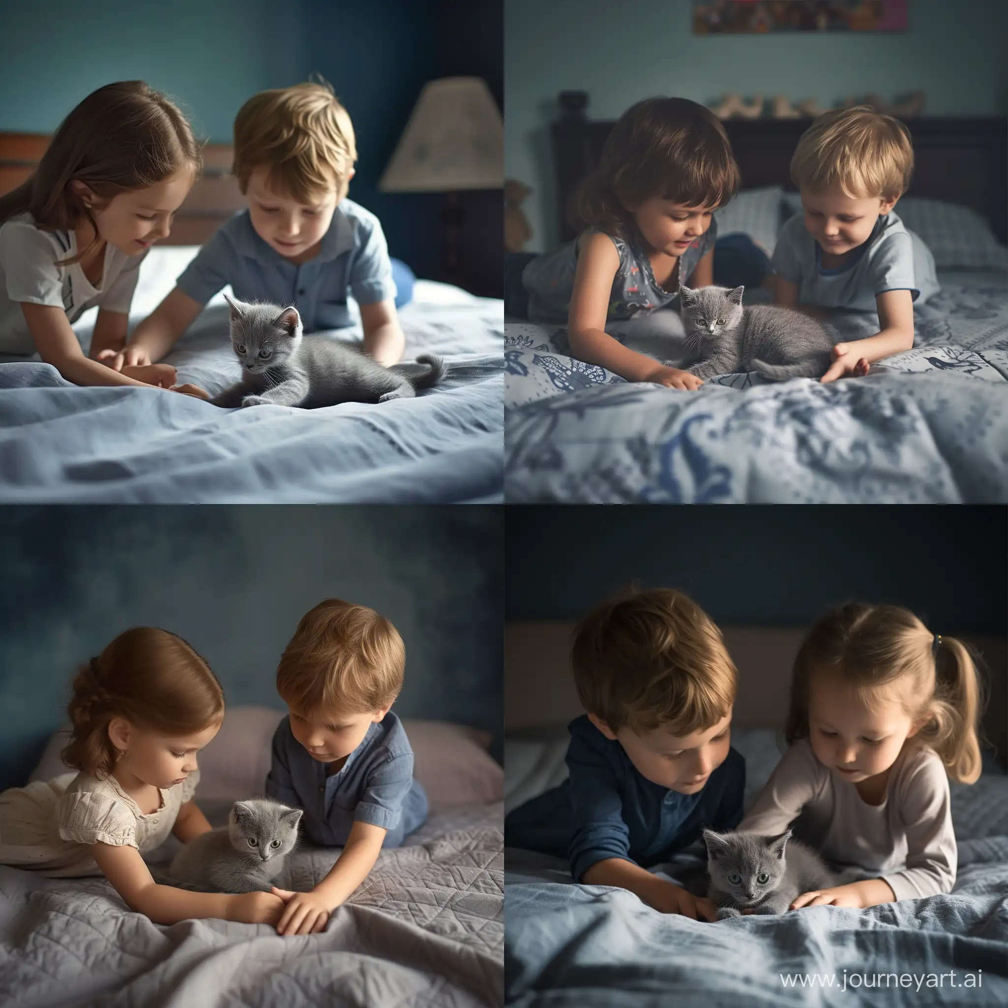 Мальчик и девочка играют с серым котёнком на кровати в комнате, фотография, гиперреализм, высокое разрешение