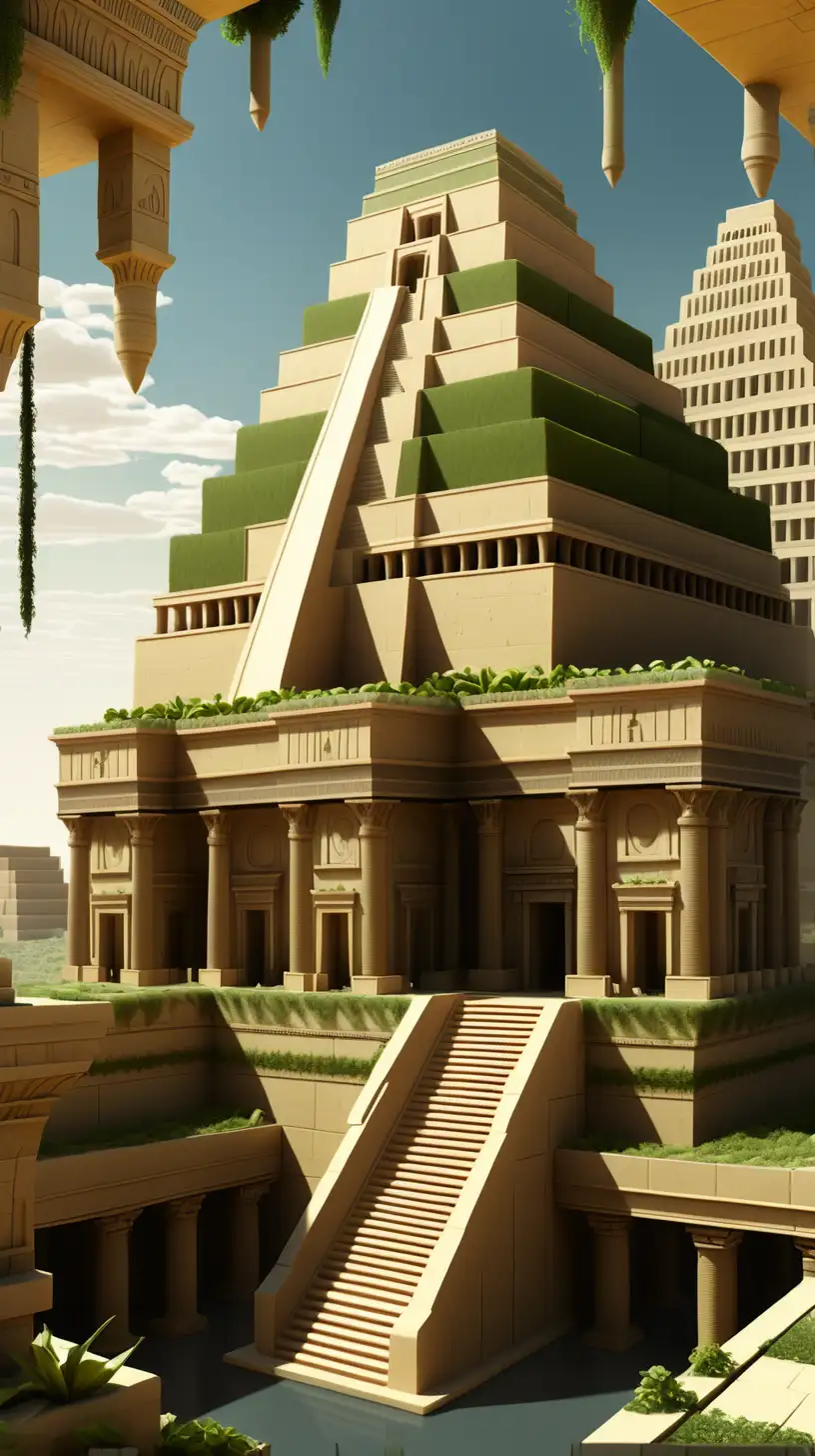 Ancient Babylon cityscape with hanging gardens and towering ziggurats under a clear sky