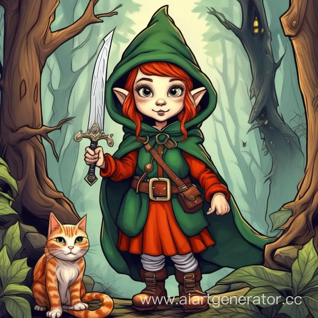 Гном девушка эльф в плаще с маленьким кинжалом на поясе  и котом на фоне леса. 