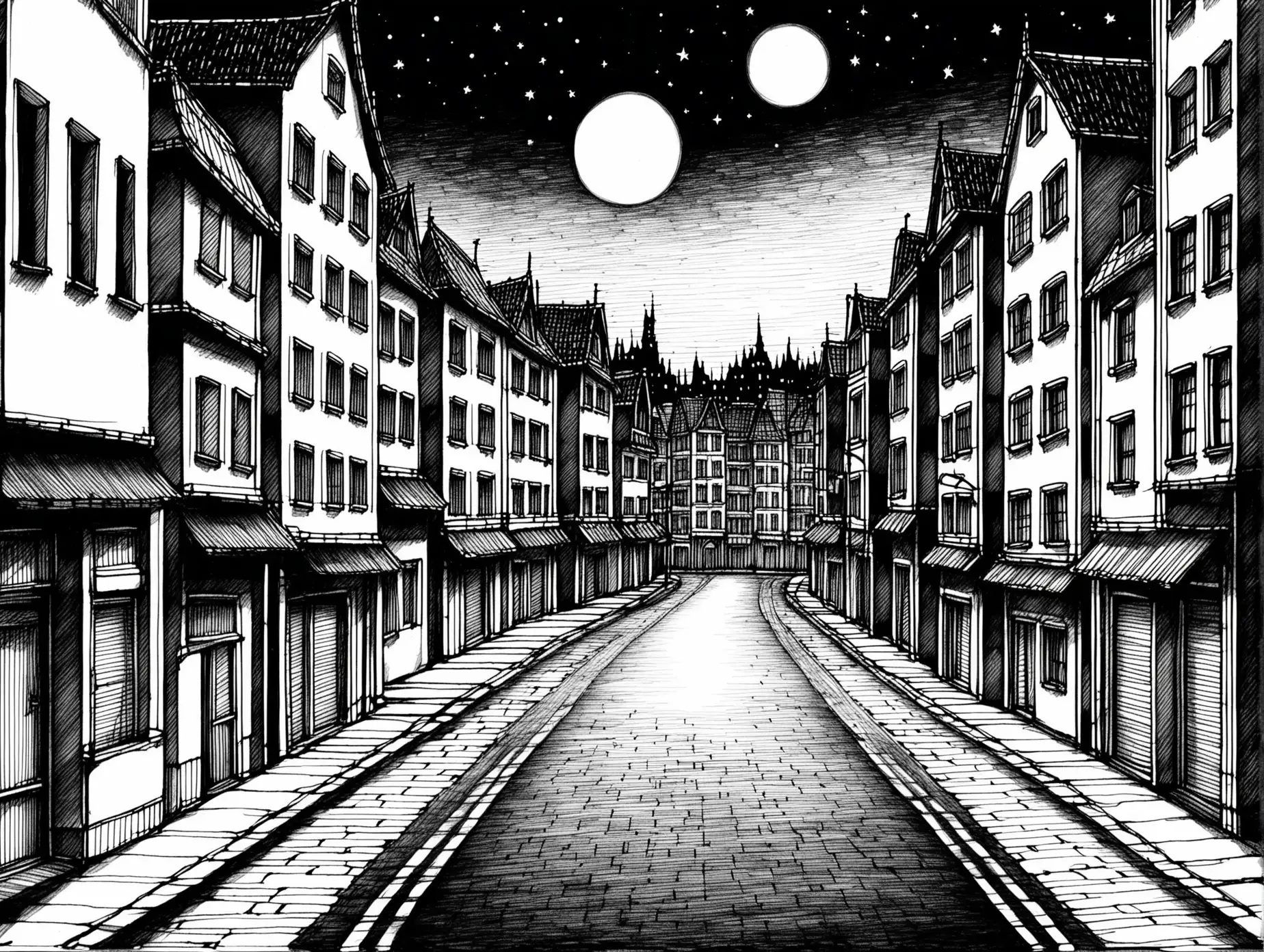 City, leaning buildings, drawn with a big felt-tip pen, cartoon, empty street, view, nighttime, black and white