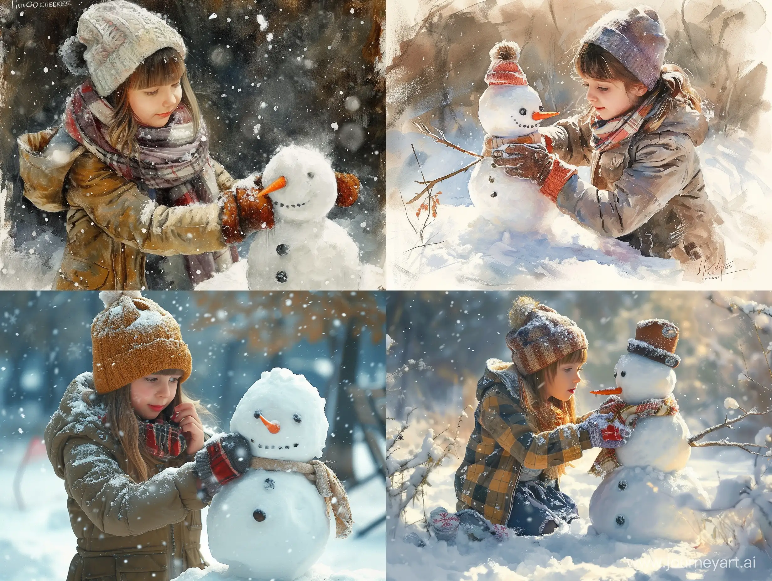 Девочка лепит снеговика, в стиле Нино Чекветадзе
