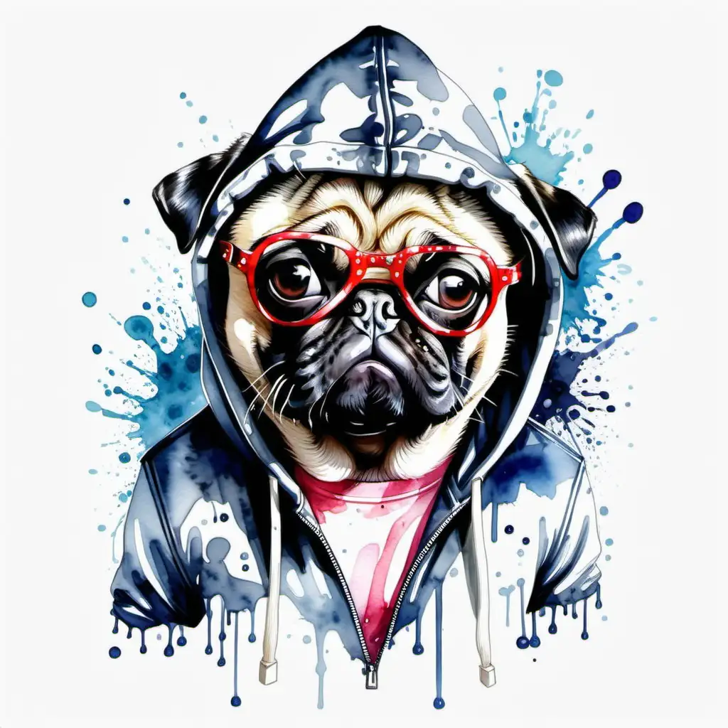 gangster pug, cute, cool, bling bling, hood style, watercolor, white background,splash, transparent background --v 5.2
