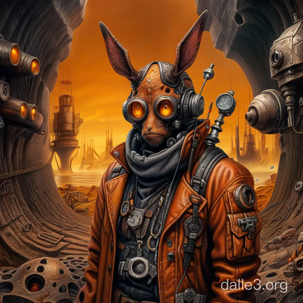 hellish cyberpunk steampunknecromancer dark amber,closed cave, in the foreground, a long-eared mug looks close to the camera, fish-eye, deep holes, parallel, dark holes, between two top and bottom coal strongholds, in the middle of bitumen, with devils and vipers, pencil graphics, surrealism, palette black cinnabar dark amber,insanely detailed and intricate,Hyper detailed