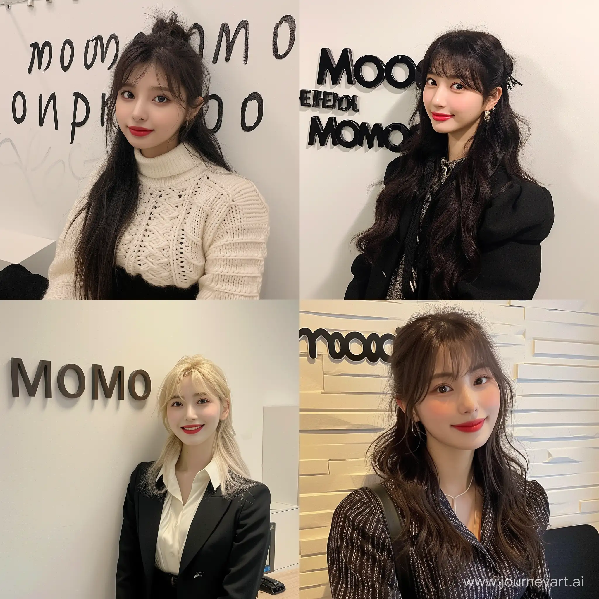 Momo, member of kpop group twice in office with "Momo Entertainment"  Plastic letters Written  on a wall in office costume 