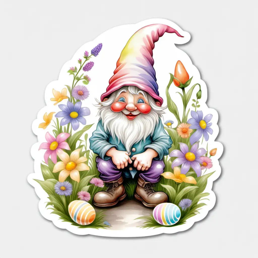 fairytale,whimsical,cartoon,easter GNOME,WITH OVERGROWN COLORFUL HAT, COVERING THE EYES,
pastel, spring flowers, white background, sticker,
