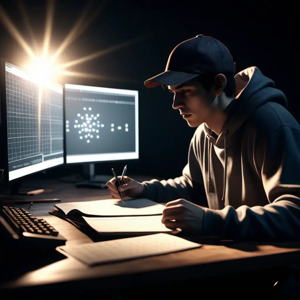 A guy in his 20s with a cap doing maths in his desk. With cinematic lightting, practical light, with closeup shot, 55 mm lens, production quality, depth of field, cinema photography, professional color grading, exquisite detail, sharp-focus, intricately-detailed, long exposure time, f/2.8, diffuse-back-light, award winning photography, realistic photography, hyper realistic, unreal engine, realistic lense flare, real lighting, Studio Lighting, Accent Lighting, Global Illumination, Screen Space Global Illumination, Ray Tracing Global Illumination, Optics, Scattering, Glowing, Shadows, Rough, Shimmering, Lumen Reflections, Screen Space Reflections, Diffraction Grating, GB Displacement, Ray Traced, Anti-Aliasing, FKAA, TXAA, RTX, SSAO, Shaders, Tone Mapping, CGI, VFX, SFX