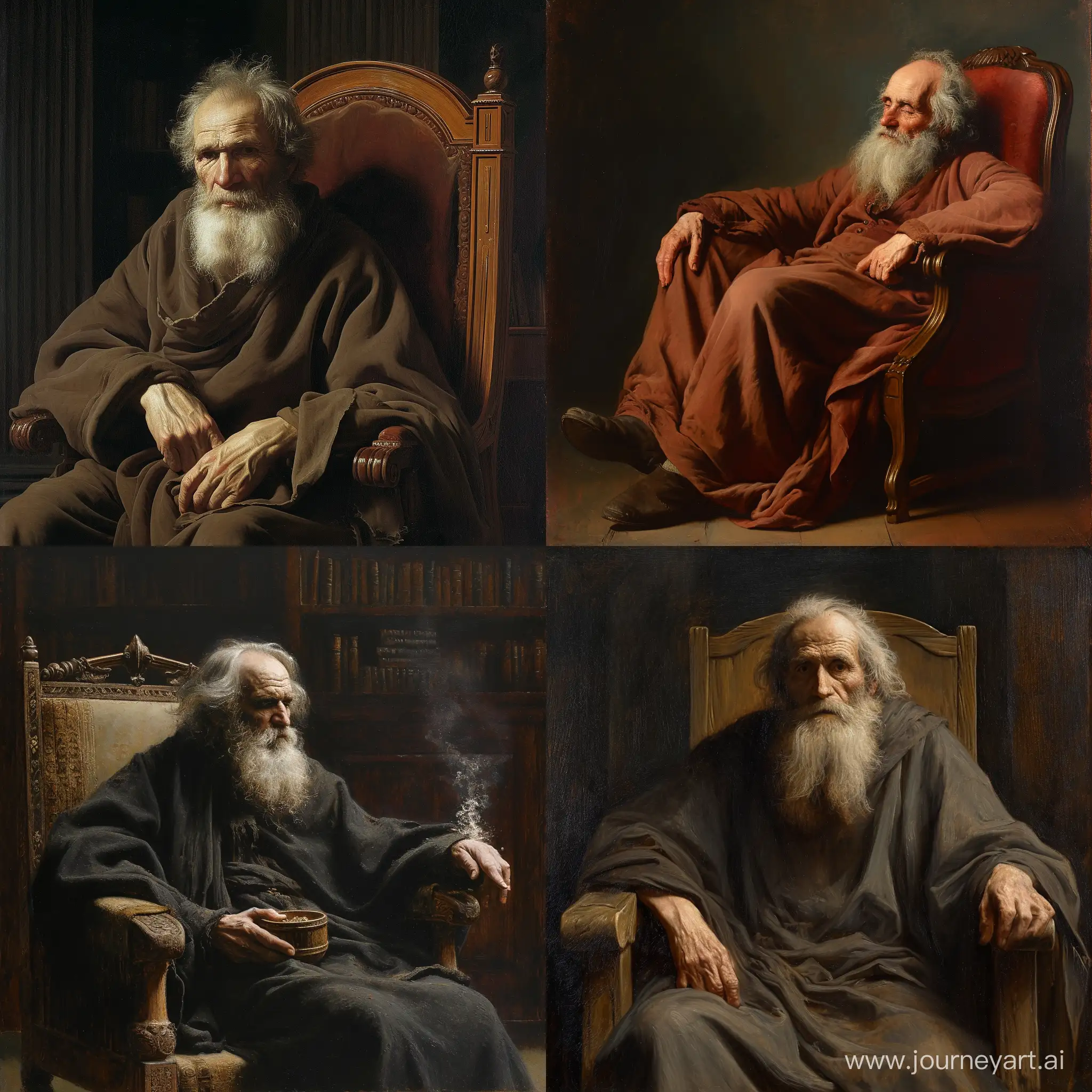 Старик, мудрец, борода, сидит на кресле