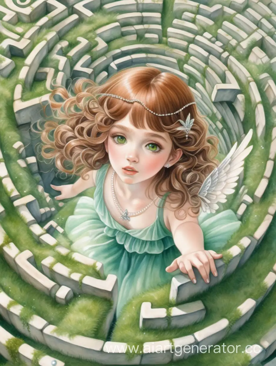 Mystical-Labyrinth-Journey-Delicate-Watercolor-Illustration-of-a-Girl-Soaring-Above-Mossy-Green-Labyrinth