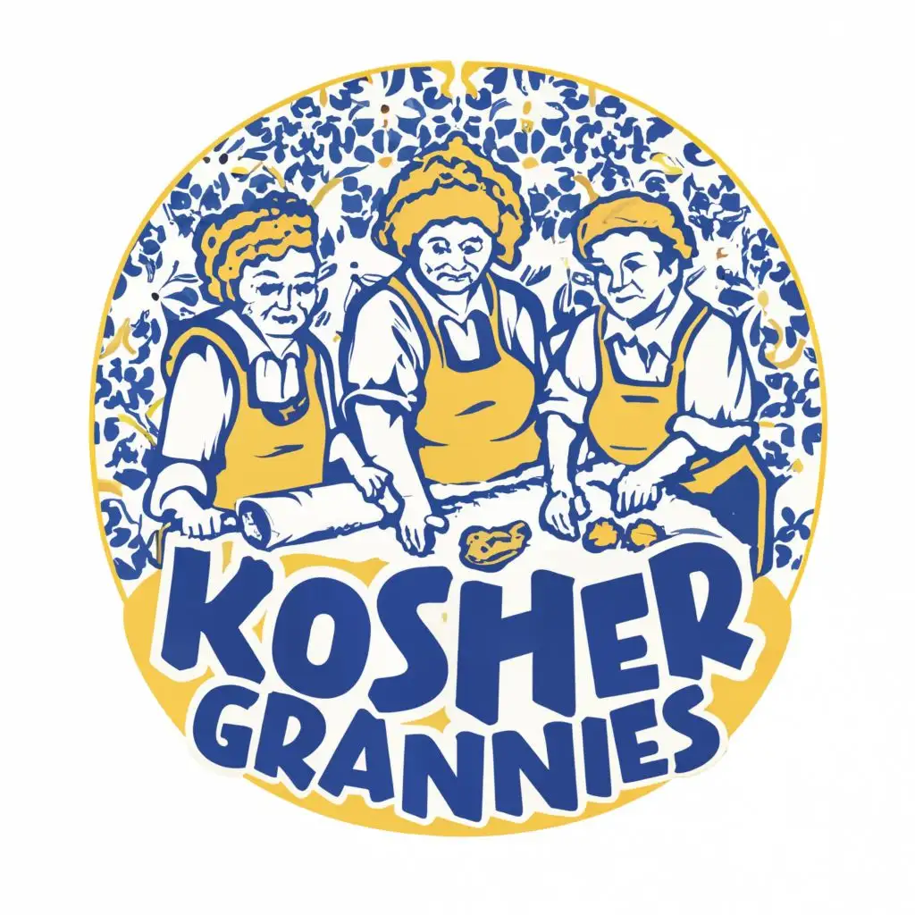 logo, Israel, yellow, blue, white, traditional Jewish orthodox grannies cooking challah, Paul Klee, with the text 'Kosher Grannies', in Portuguese tiles, typography, be used in Automotive industry