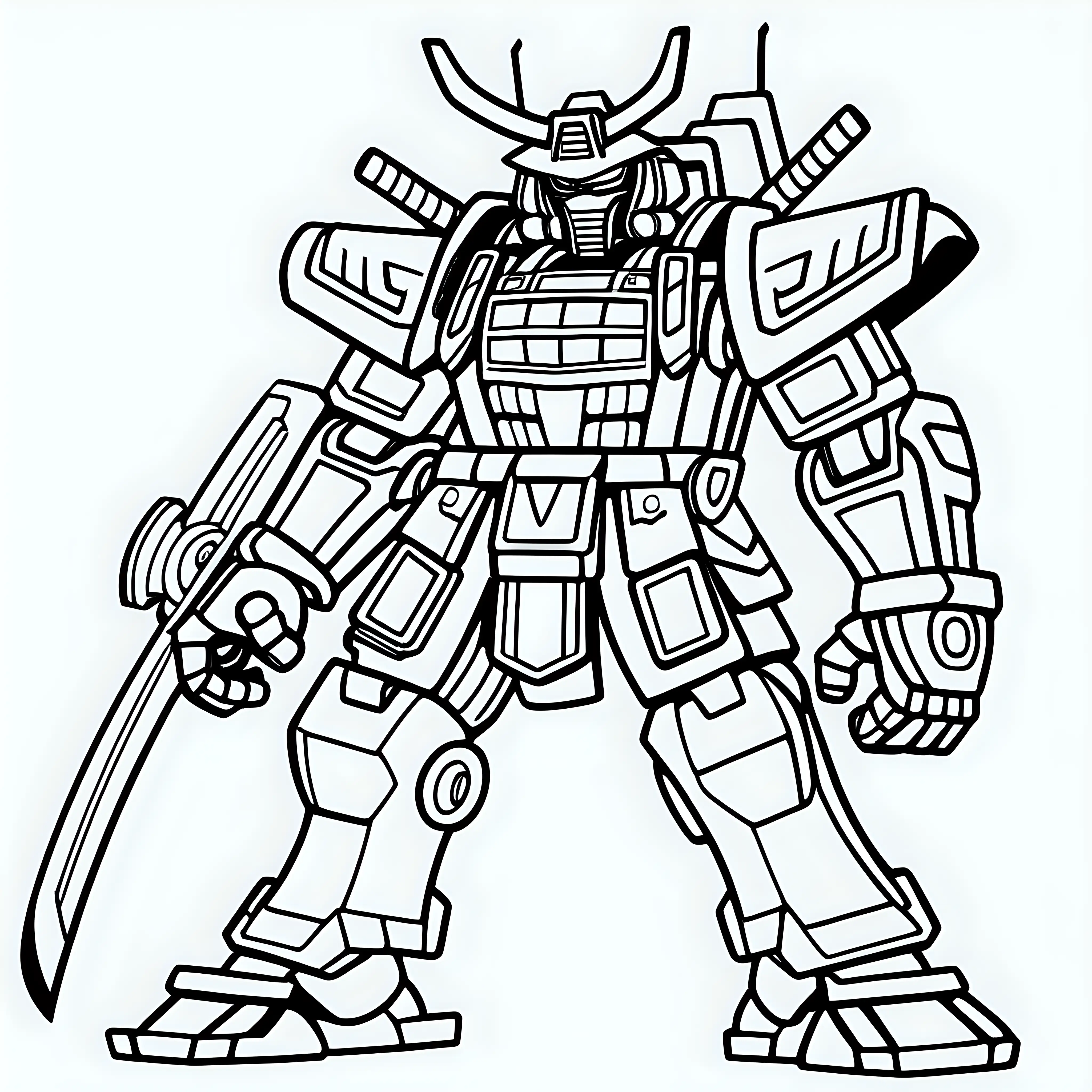 Mech Samurai Cartoon Coloring Page for Kids Bold Outlines Black and White Design