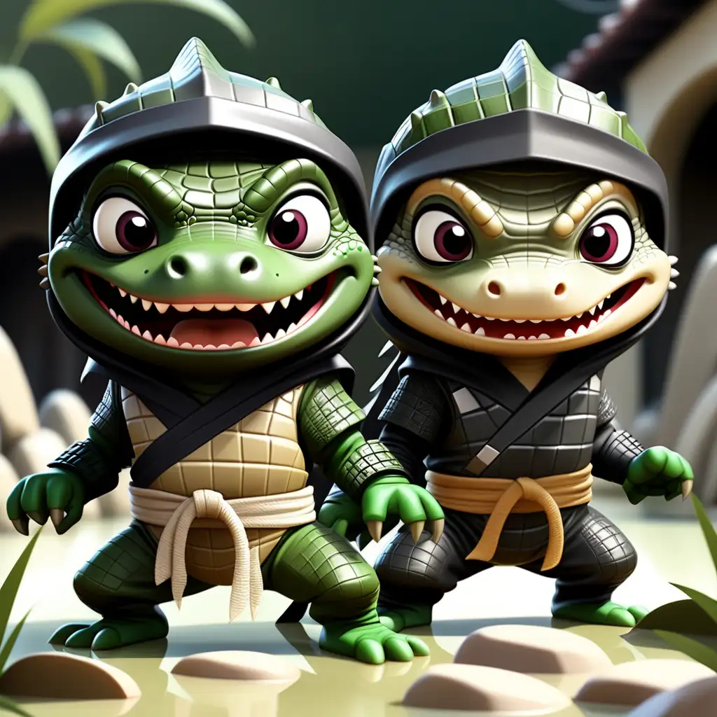 2 kleine süßer ninjaa als Krokodil, 2 verschiedene outfits, comic style, hohe details