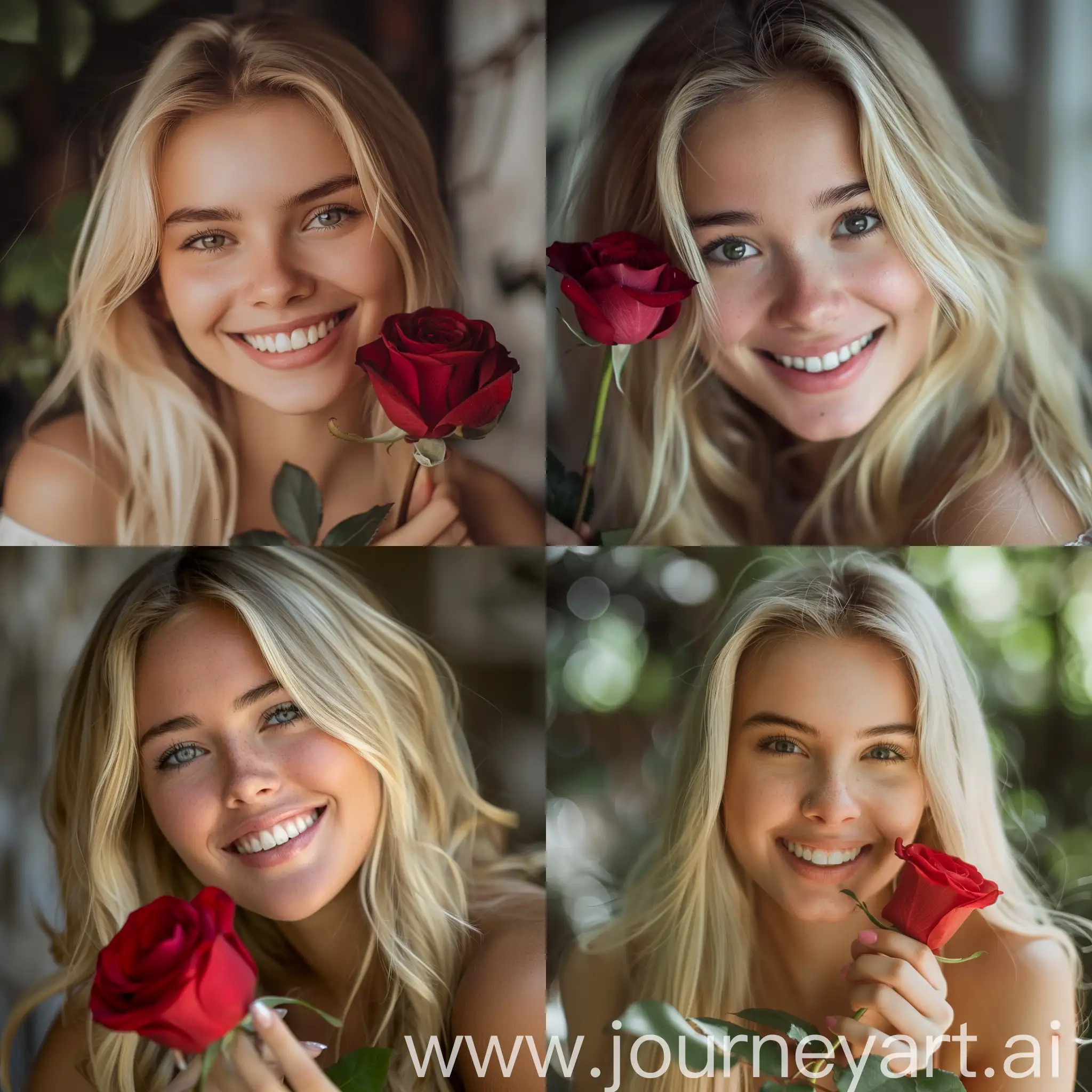 A beautiful blonde girl in her prime, smiling as she looks at the camera, holding a red rose in her hand. The girl is beautiful and very beautiful, her features are feminine and soft, and she looks with love