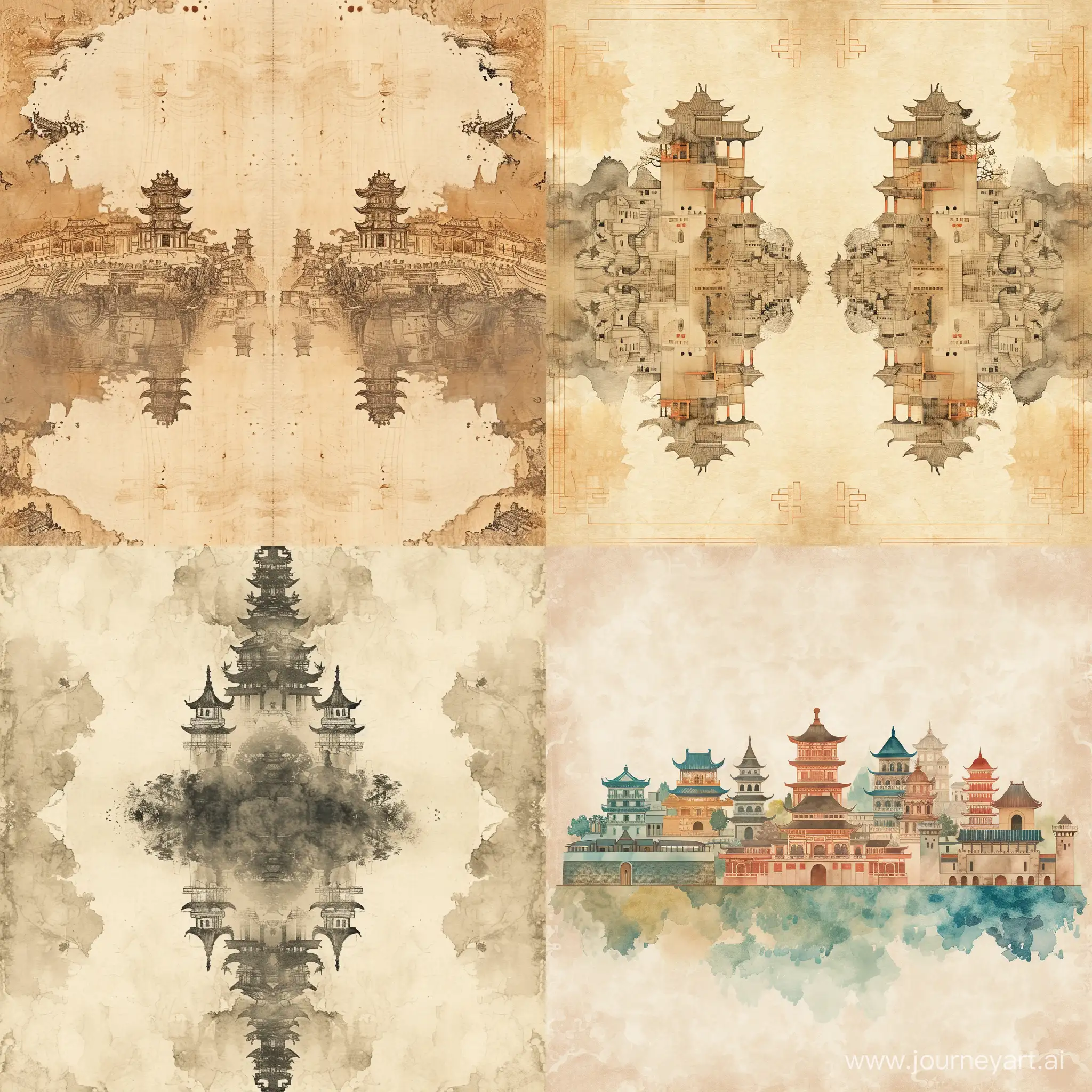 Symmetrical texture of antique paper, barely noticeable elements of ancientChinese, Roman cities, stylized caricature, watercolor, decorative, flat drawing
 