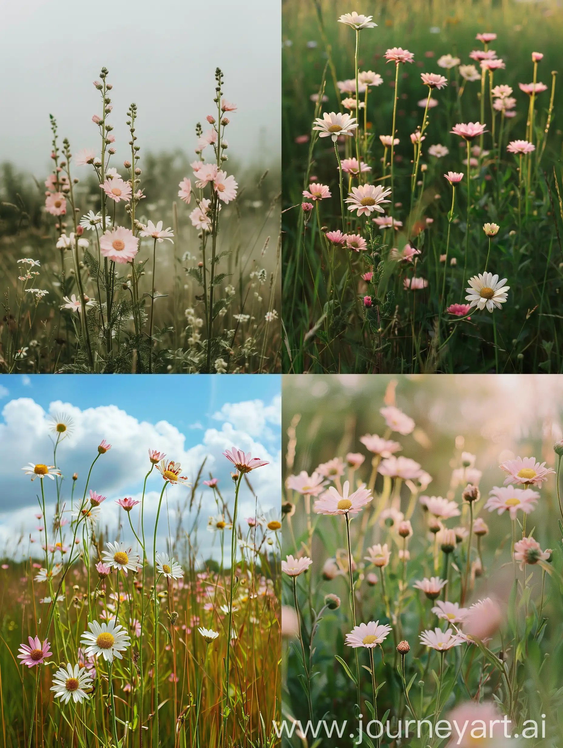 tall wild daisies in long gras with pink flowers