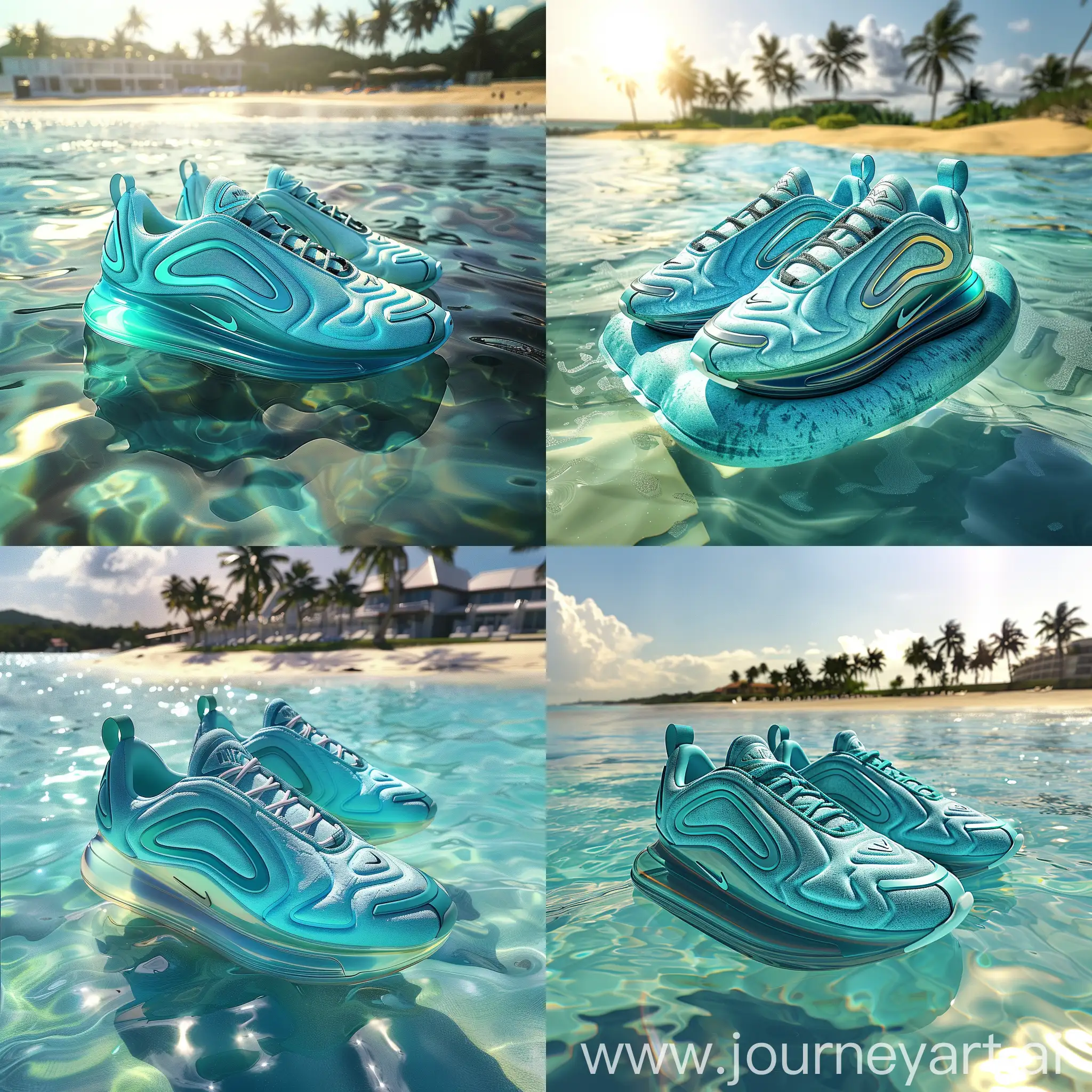 sneakers Nike Air Max 720, made of foam, high detail, turquoise and blue gradient colored, clean composition, 3d render, put on Inflatable mattress drifting on the water, azure, crystal-clear sea, with a beach and palms in the close distance, the sun, summer vibes, beautiful art work, intricate detail, fashion shoot,