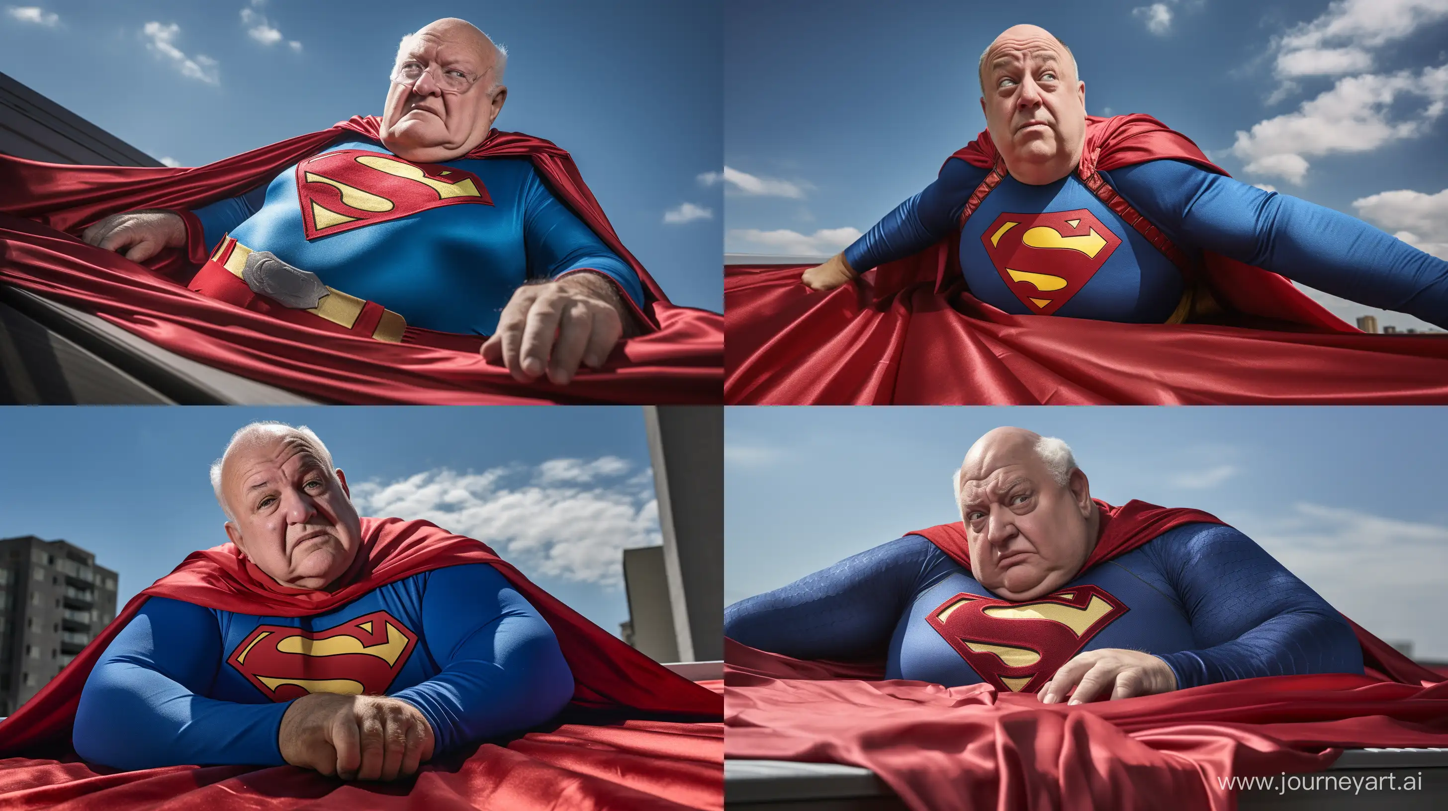 front view chubby 70 years old man lying on his back, blue tight spandex superman costume, red cape, rooftop, daylight, clean shaven, bald, sharp-focus, high-quality, award-winning photograph, Canon EOS 5D Mark IV DSLR, professional lighting setup, Adobe Photoshop --ar 16:9