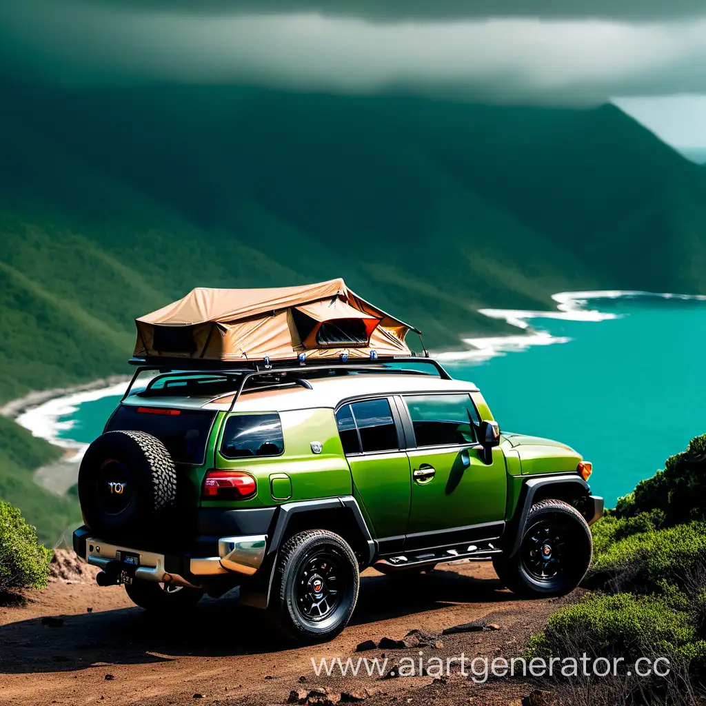 toyota fj cruiser зеленый с палаткой на крыше путешествие в горы и море на фоне


