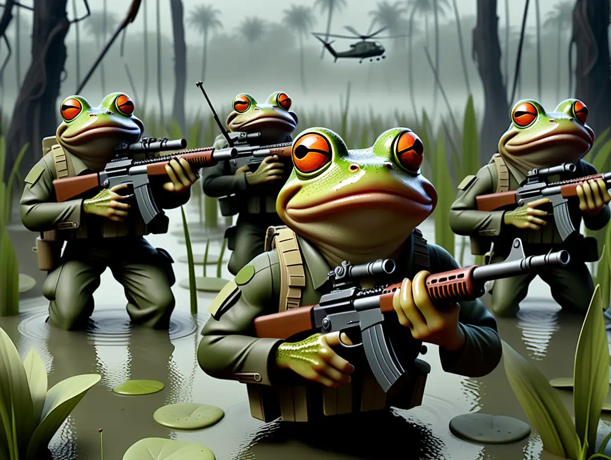 A platoon of 4 commando frogs shoots in all directions from automatic defense just in time for the Vietnam War. realistic photos photorealistic scene of a special forces soldier in a swamp in a thick fog, gloomy dangerous atmospheric mosquitoes, frogs in the form of special forces, with a machine gun in his hands in the swamp of Africa, at night —AR 3:4 —stylization 250 —