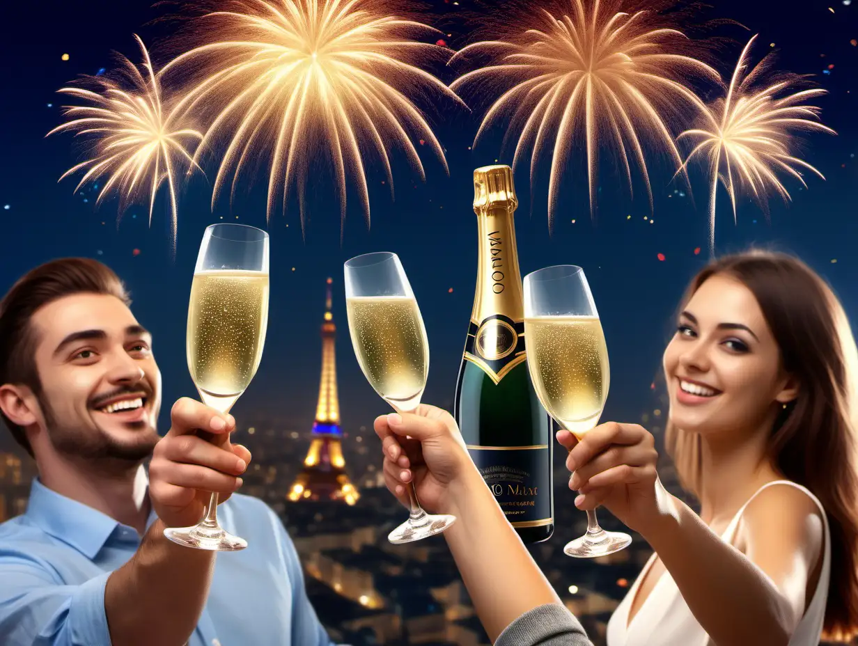 Joyful New Year Celebration with Champagne and Fireworks