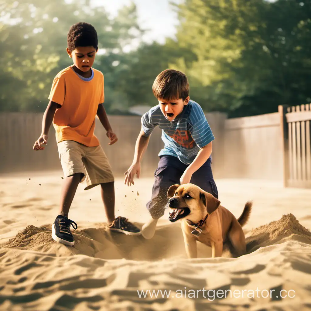 на мальчика в песочнице нападает собака, а другой мальчик смотрит и не знает, что делать