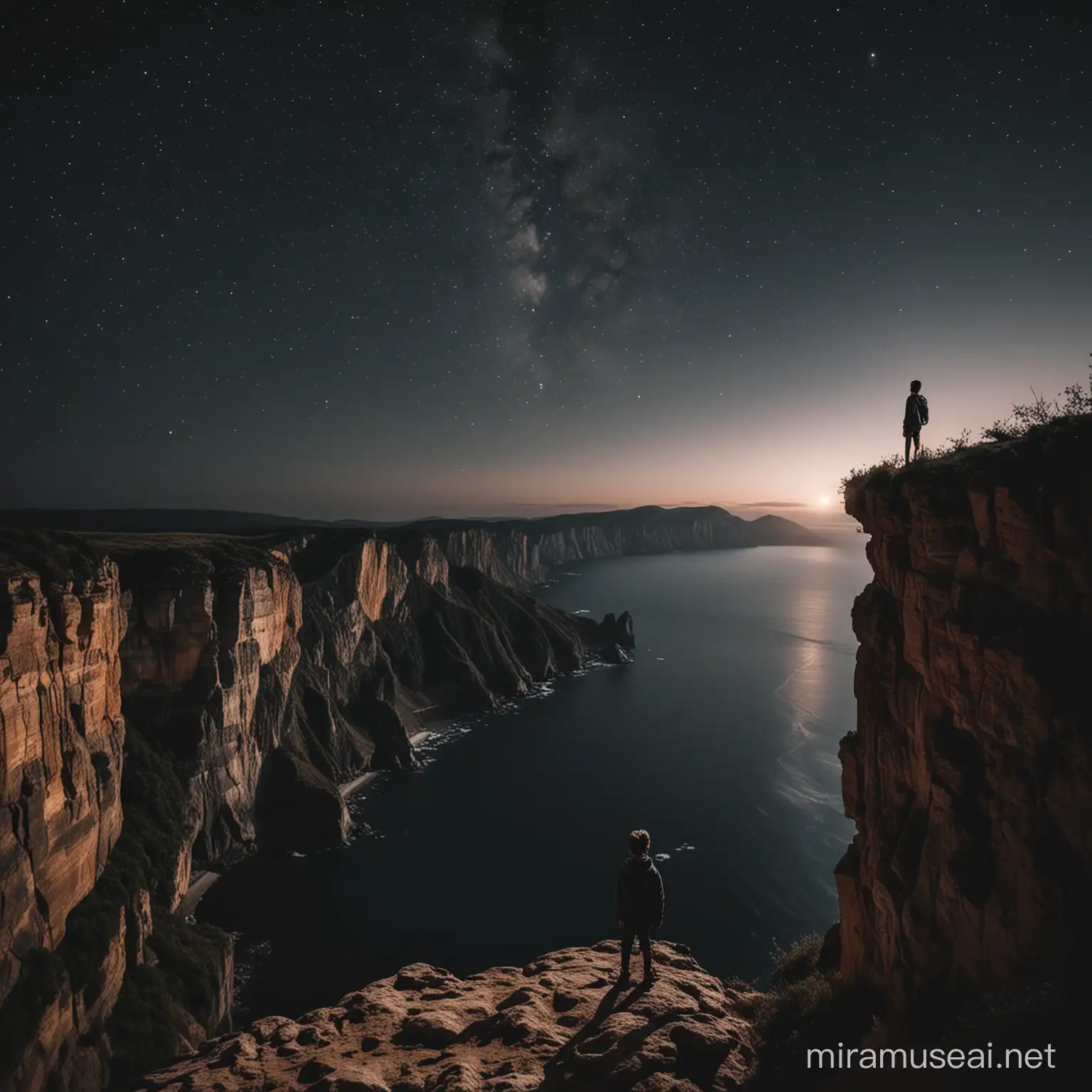 Boy standing at the edge of a cliff looking at a beautiful view at night
