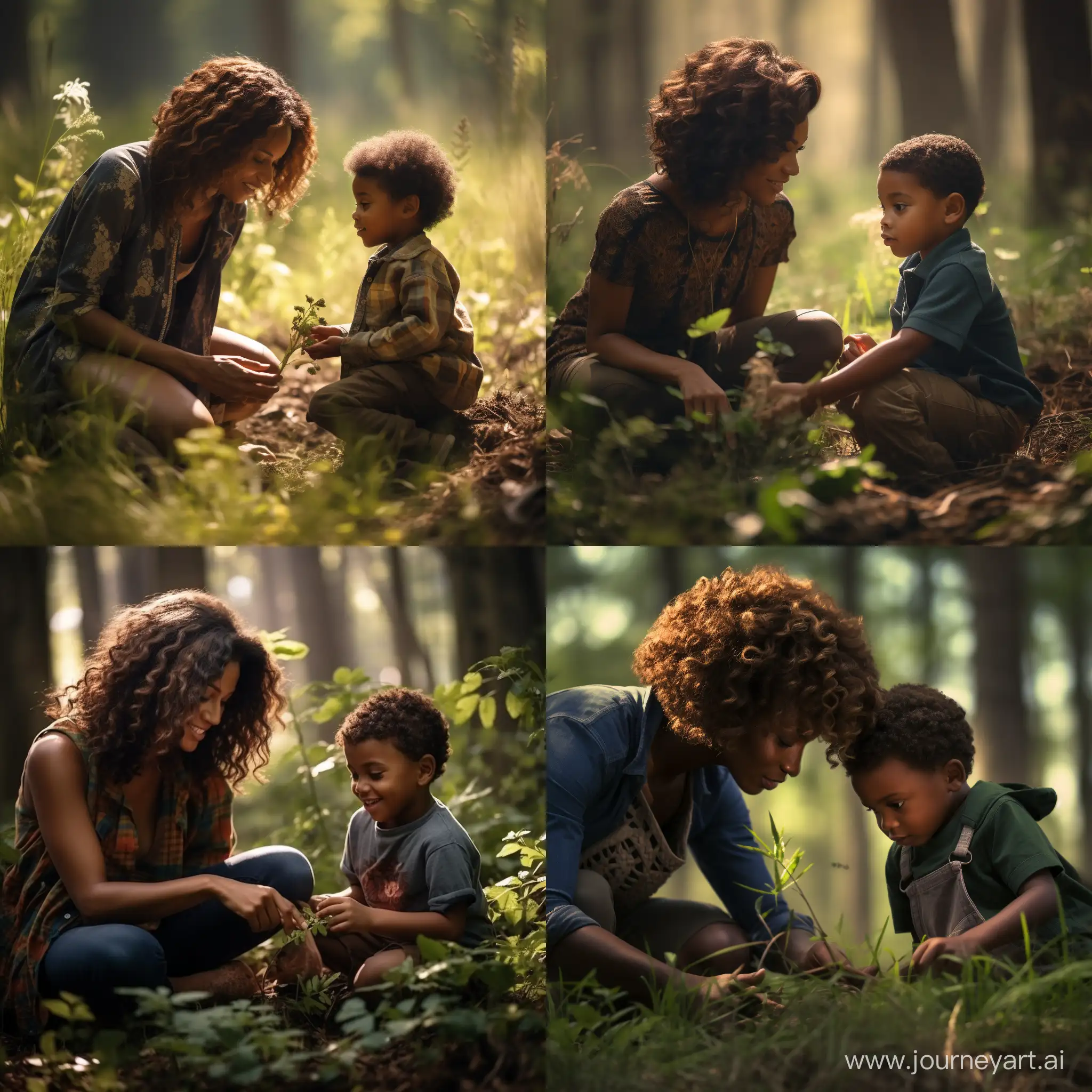A black woman with a boy playing in the forest, sunny day lighting, super professional photography, high detail photography, ultra high color depth photography