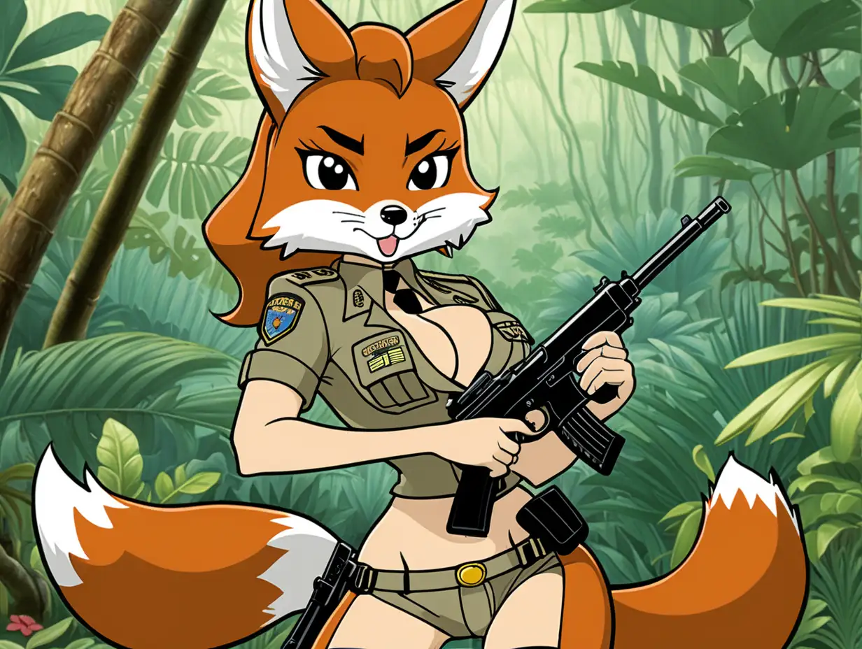 Korean Cartoon Sexy Lt. Fox Vixen Officer E621 with gun. Background is jungle. In the style of r34