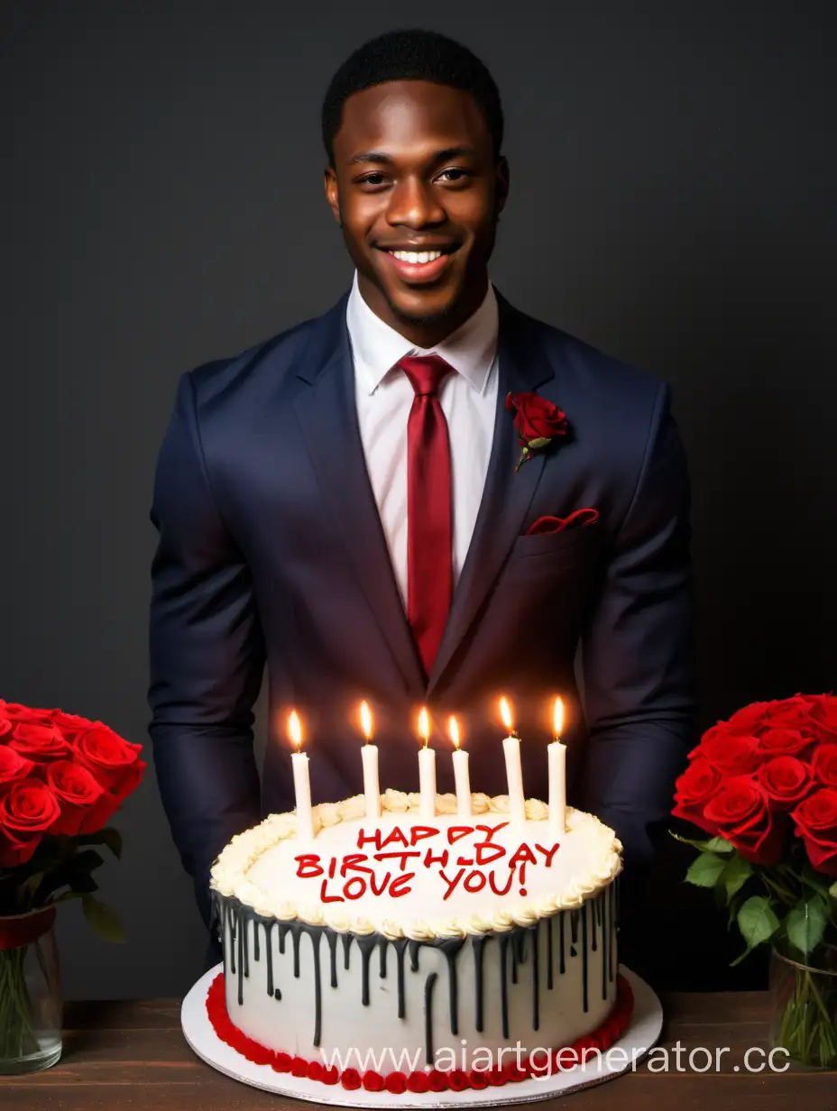 КРАСИВЫЙ Чернокожий мужчина 25 лет в костюме с красным галстуком держит большой торт с 20 свечами и надписью "С Днём рождения, Ксюша!" рядом стоит много цветов. Фон романтичный, тёмных цветов с юольшой надписью розами "Я люблю тебя". 