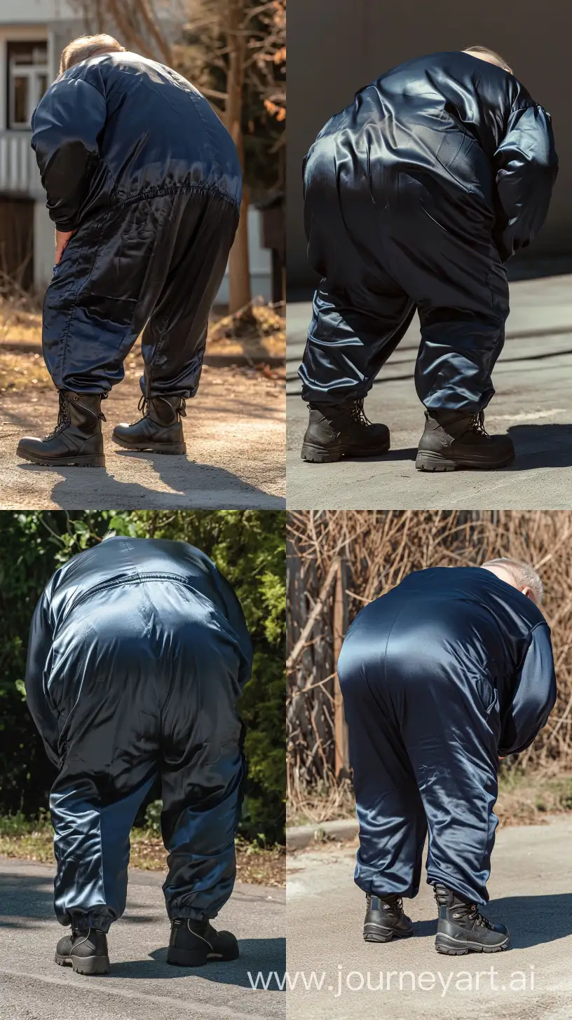 Back view fashion photo of a chubby man aged 70 wearing a silk navy tracksuit. Black Hiking Boots. He is bending over. Direct Sunlight on his behind. Outside. --style raw --ar 9:16 --v 6