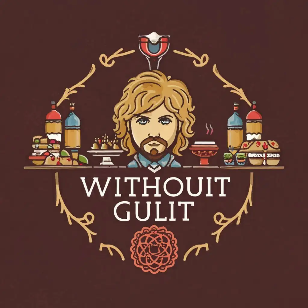 a logo design,with the text "Without guilt", main symbol:Tyrion Lannister + party + drinking + wine + colors white rose violet red,complex,clear background