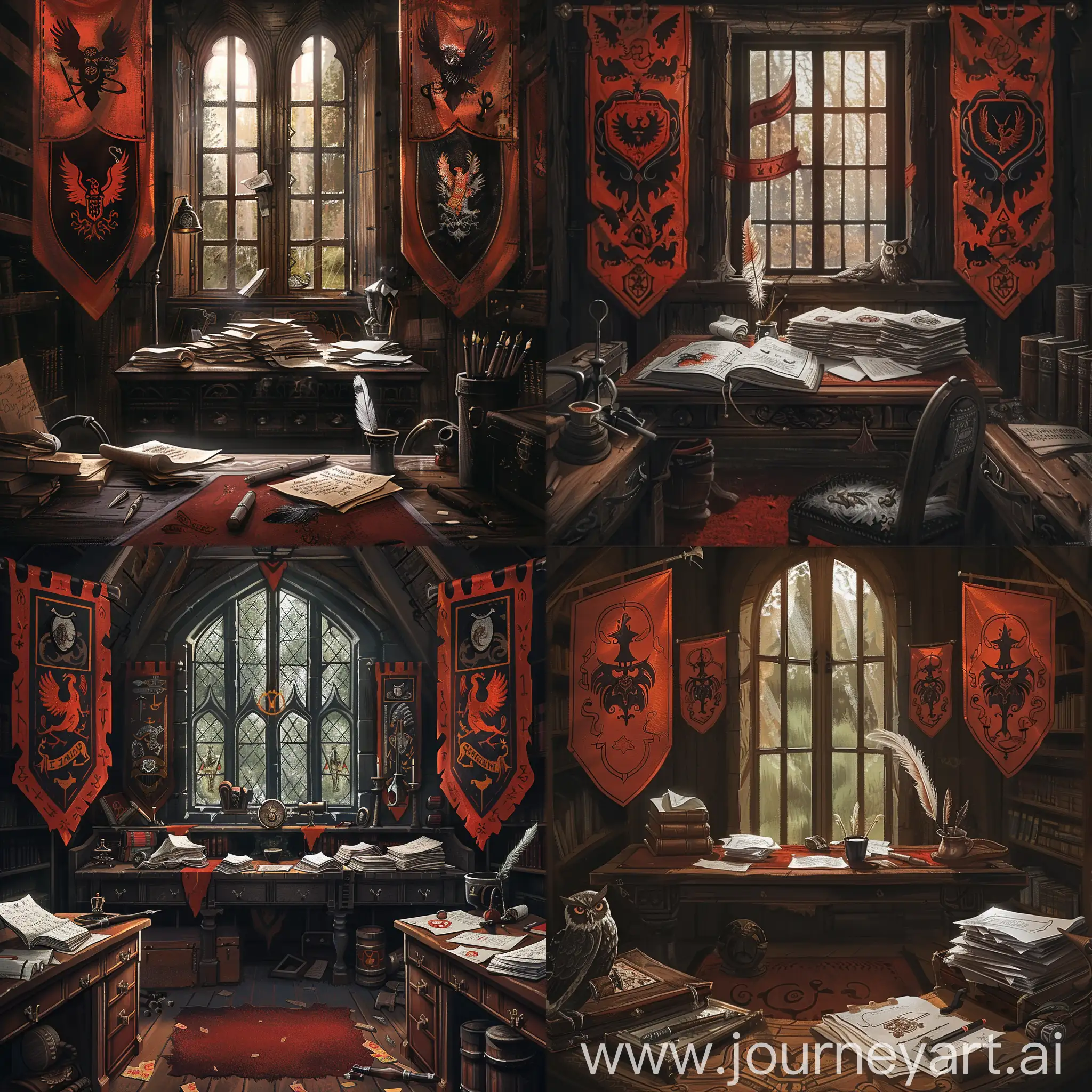 Fantasy, mayors room, medieval, large open window behind desk, piles of paper, feather pen, ink well, dark wood, small dark red carpet, desk with weird craftsmen contraptions, large red and black banners with a orange phoenix and 2 owls crest
