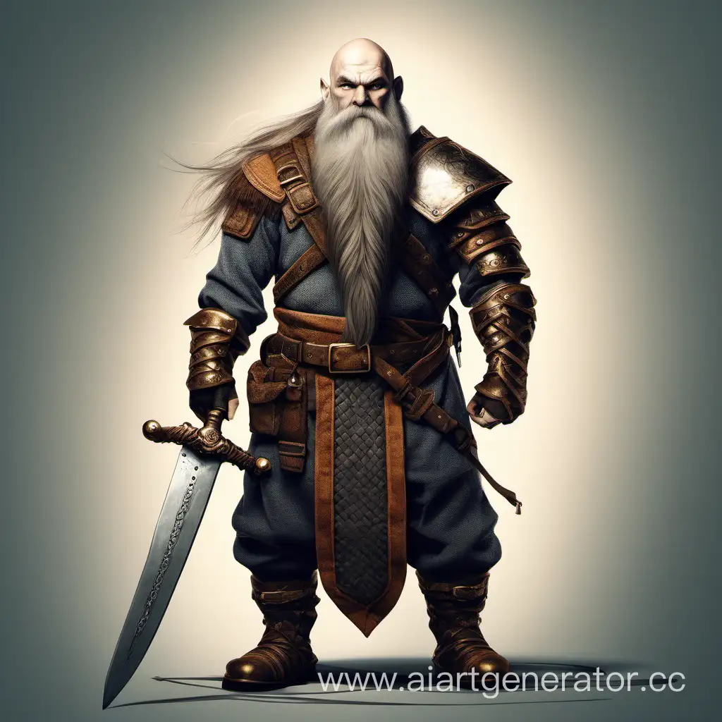 Scarred Bald Dwarf Warrior with Braided Beard and Sword | AI Art Generator