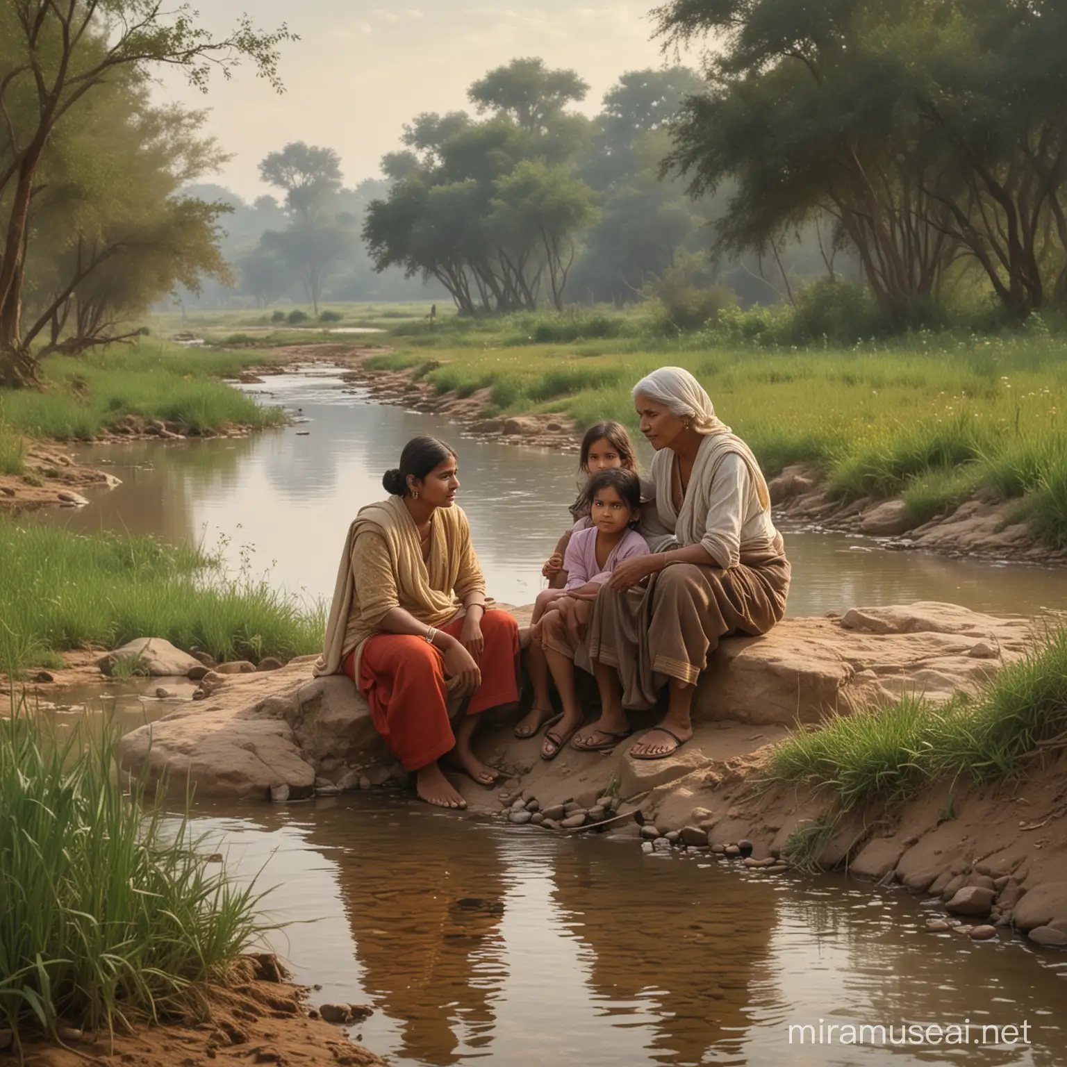 a little girl, a young woman and an old woman sitting near a stream in an Indian landscape
