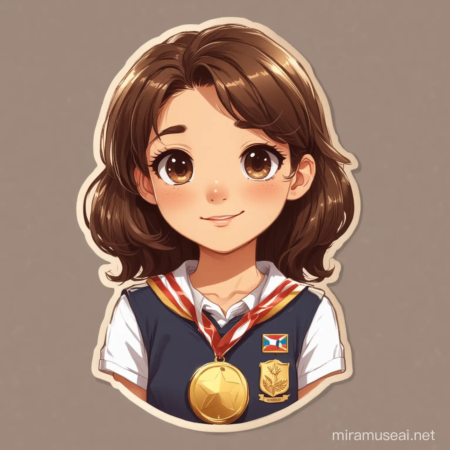 girl, wearing school uniform,wearing a big gold medal around her neck, cartoon sticker style, high level detail, dark brown colored hair