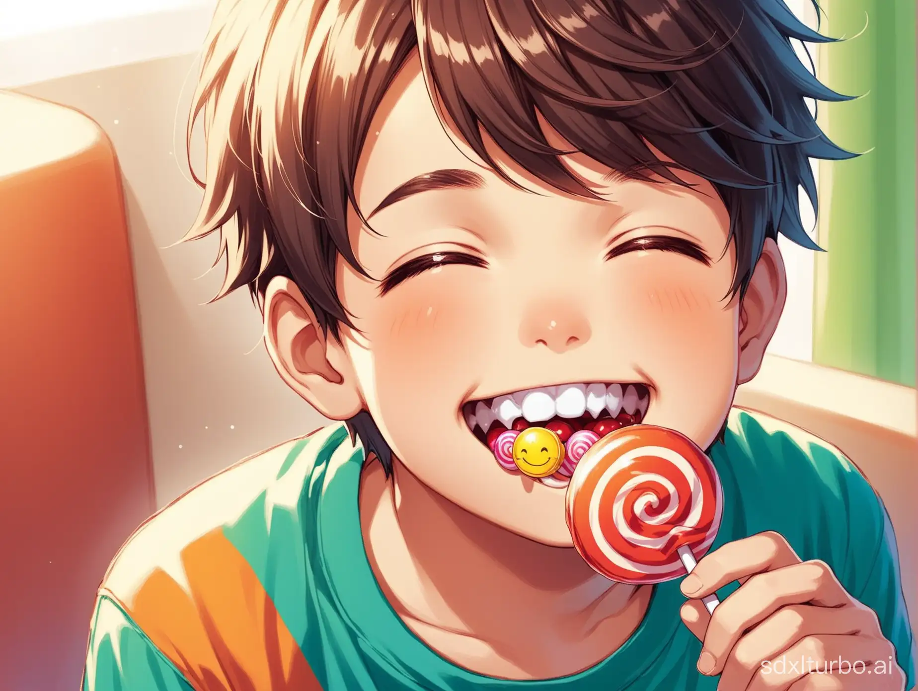 Boy eating a candy with happy face