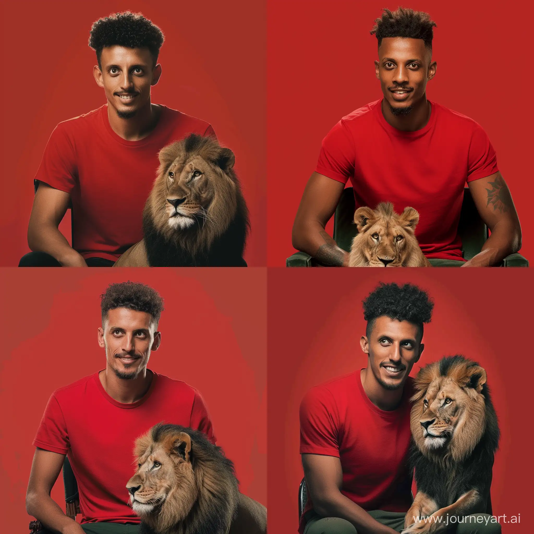 https://sortitoutsi.b-cdn.net/uploads/face/49052370.png the man wearing a red T-shirt is sitting on a chair with a lion sitting next to him, The lion is sitting on the ground, The man and the lion look at each other, The man is smiling, studio photography, natural light, red background, stylize 750 --v 6