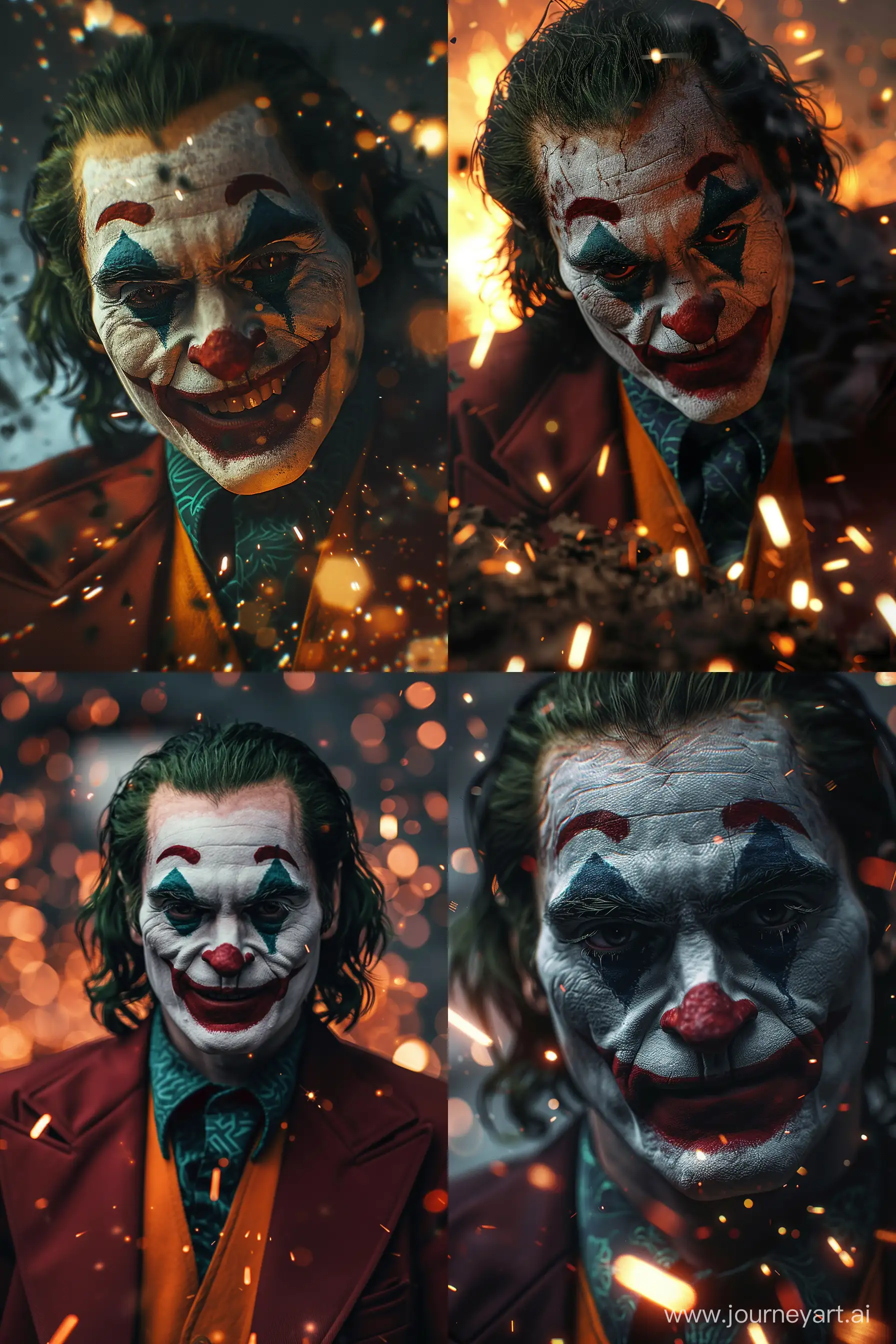 Joker risen from the ashes, sparks, 8k, hd, contour light, high contrast, depth of field, ultra detail, photorealism, cinematography, gigantism, from the first person, lots of details, dark tone, bokeh, epic frame, super realistic texture --ar 2:3