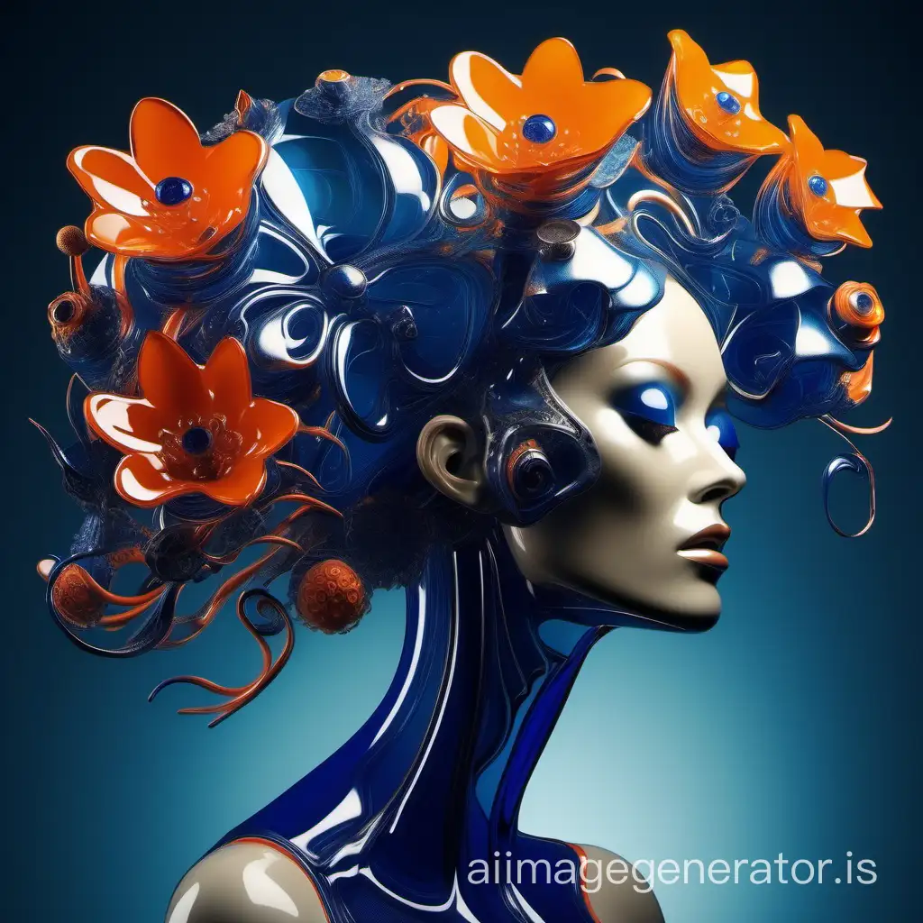 a woman with a very unique head of flowers, in the style of futuristic glamour, dark azure and orange, made of glass, close-up, whimsical and fantastical elements, colorful curves