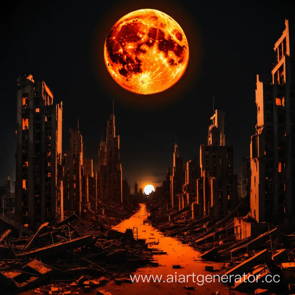 The city in ruins, illuminated by the orange moon