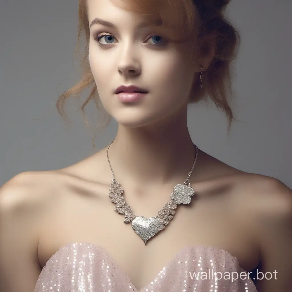 A photo taken shows a close-up of a young woman wearing a tulle sequined short dress with a sweetheart neckline and a delicate necklace that perfectly blends feminine elegance with fashion, consisting of a delicate chain and a gorgeous heart-shaped pendant set with a 1-carat pendant. Composed, the pendant is very small showing charming charm and taste. Add an excellent visual focus to the neck, show the girl's personality and taste, and create a unique visual effect. Through the processing of light and details, the brightness and texture of the necklace are highlighted. Make sure that the girl's image and the necklace she designs complement each other, balancing and complementing each other. The final design is a real photo, and the final design should be stylish and impressive.