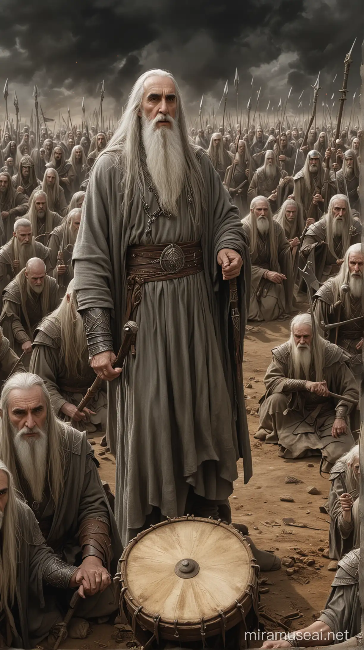 Saruman playing war drums, in a middleage battlefield, correct anatomy 