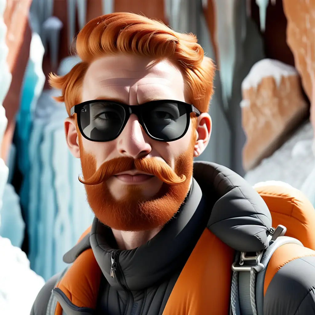 ginger haired jewish man with beard and mustach wearing armani sunglasses, and  ice climbing