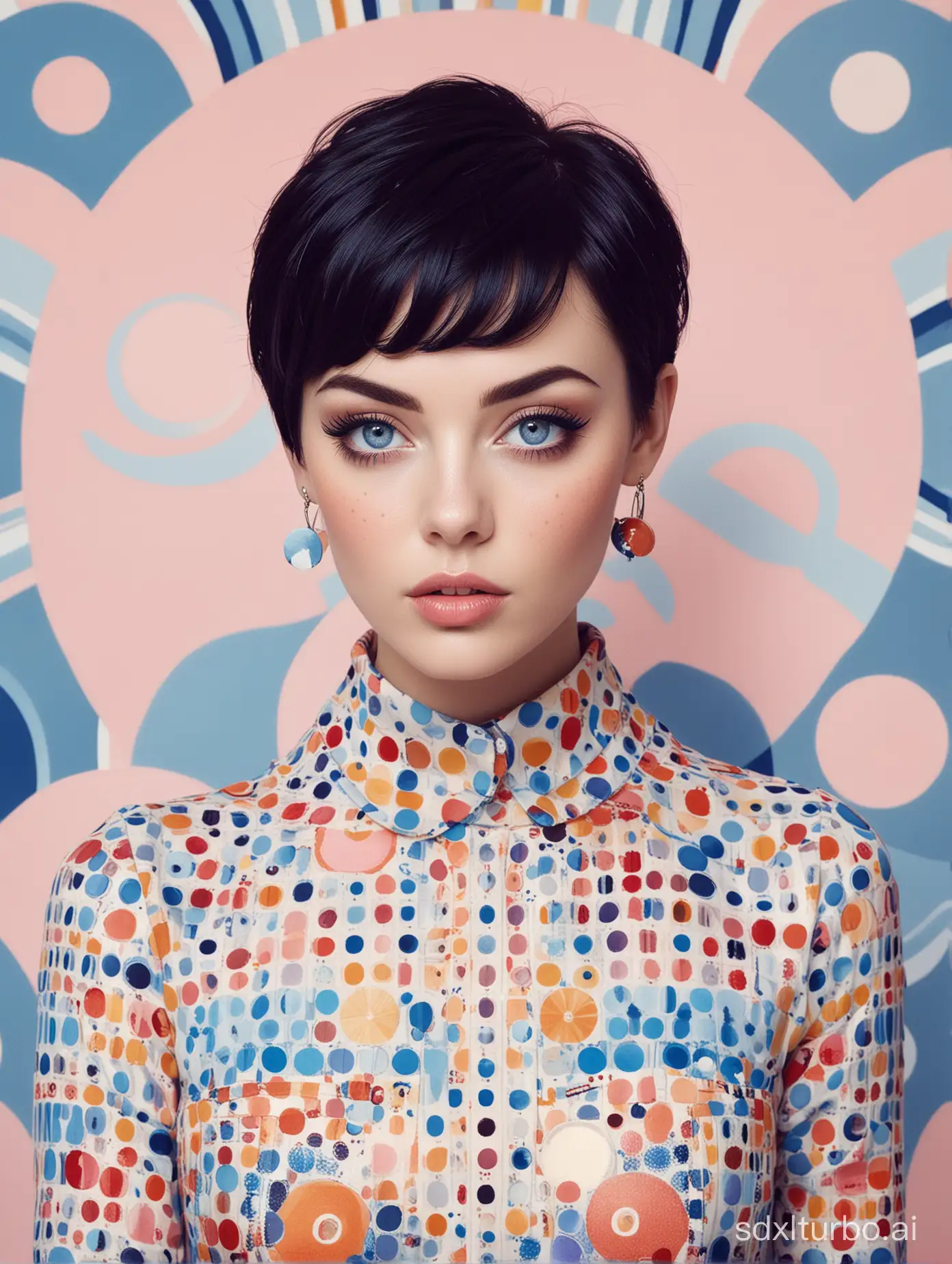 fashion photography of A beautiful woman with short black hair and blue eyes, wearing polka dot in the style of Camilla d'Errico, full body portrait, with a background of colorful circles, geometric shapes, surrealist style artwork, detailed facial features, painted illustrations, patterned wallpaper, and psychedelic art.