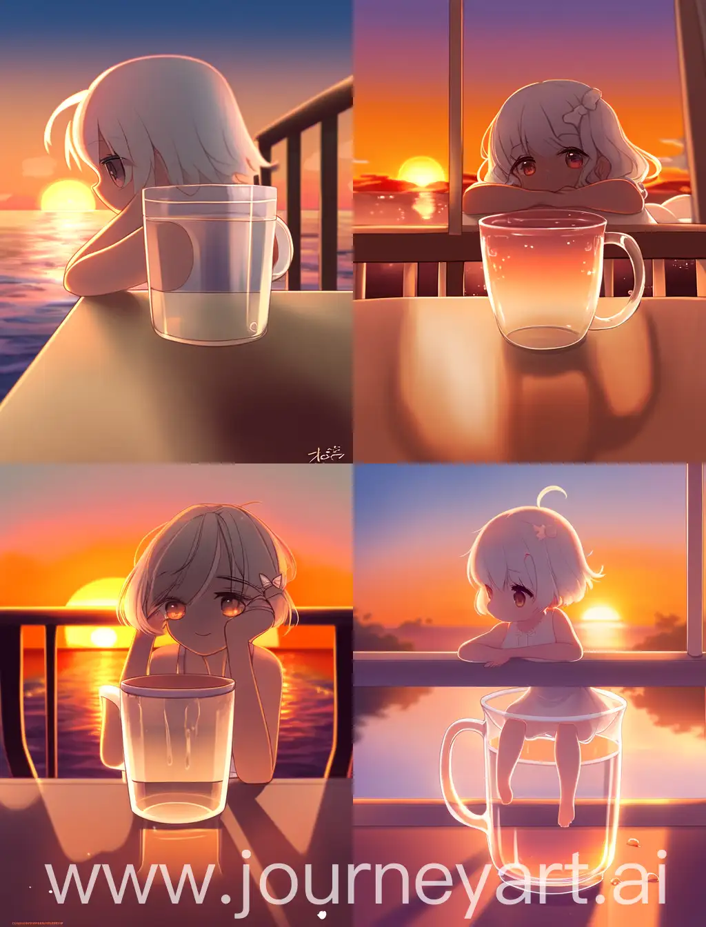 cute girl, white hair, bathing suit, sitting in a mug with her back to the viewer, in a glass mug, on a table, sunset