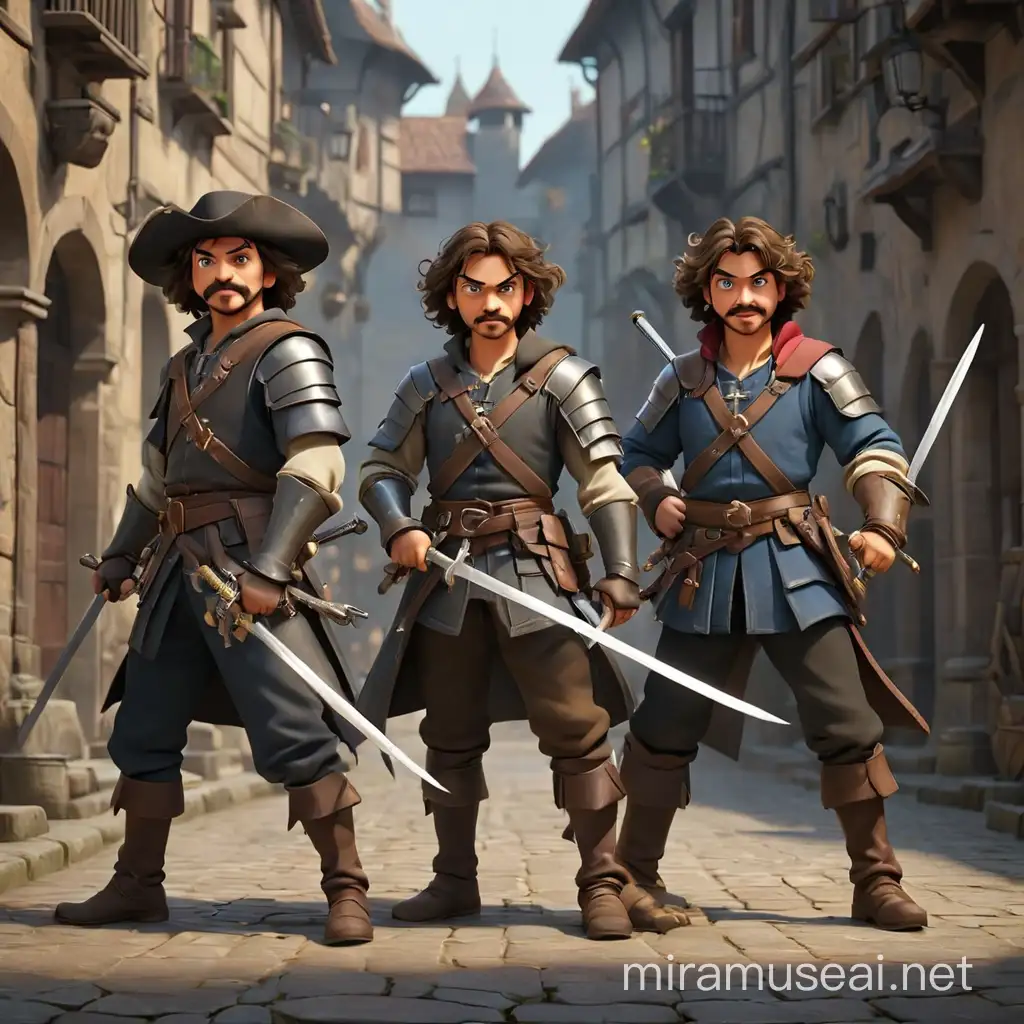 The three musketeers. Full height. With swords. The image is in the style of realistic 3D animation, expressive features.
