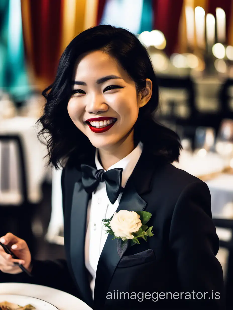 25 year old smiling and laughing Vietnamese woman with shoulder length black hair and lipstick wearing a formal tuxedo with a black bow tie.  Her jacket has a corsage. She is at a dinner table.