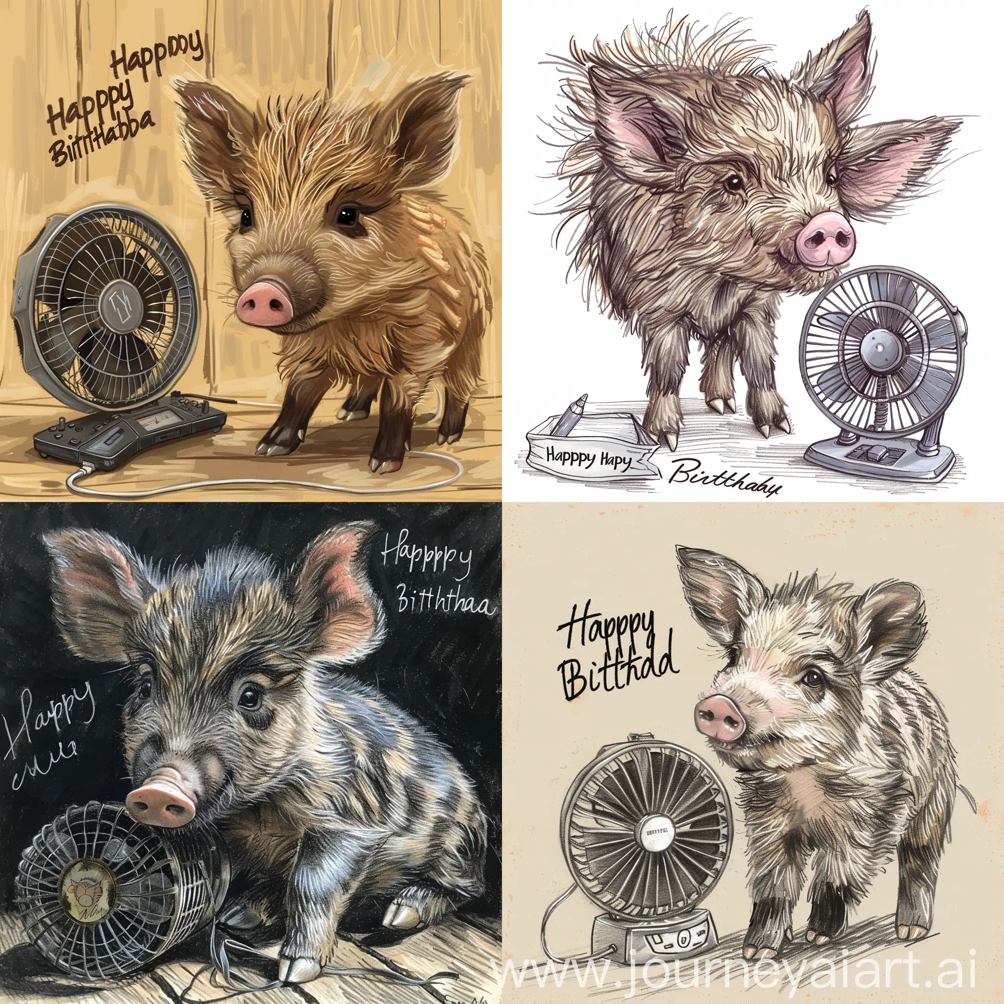 Young-Boar-Birthday-Celebration-with-Electric-Fan-Gift-and-Happy-Birthday-Inscription