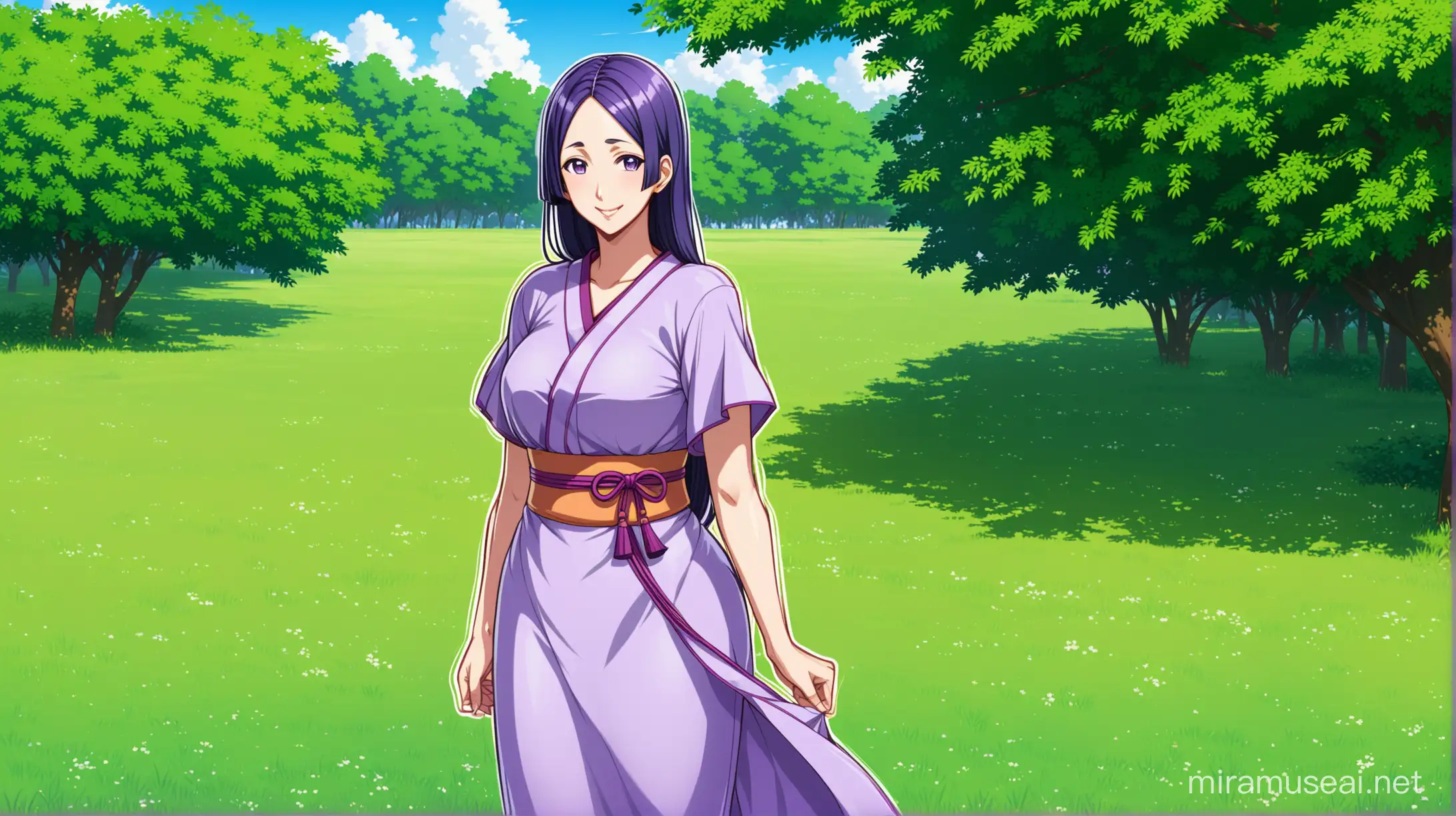 Draw the character Minamoto no Raikou standing in a grassy park while wearing a summer dress and smiling at the viewer