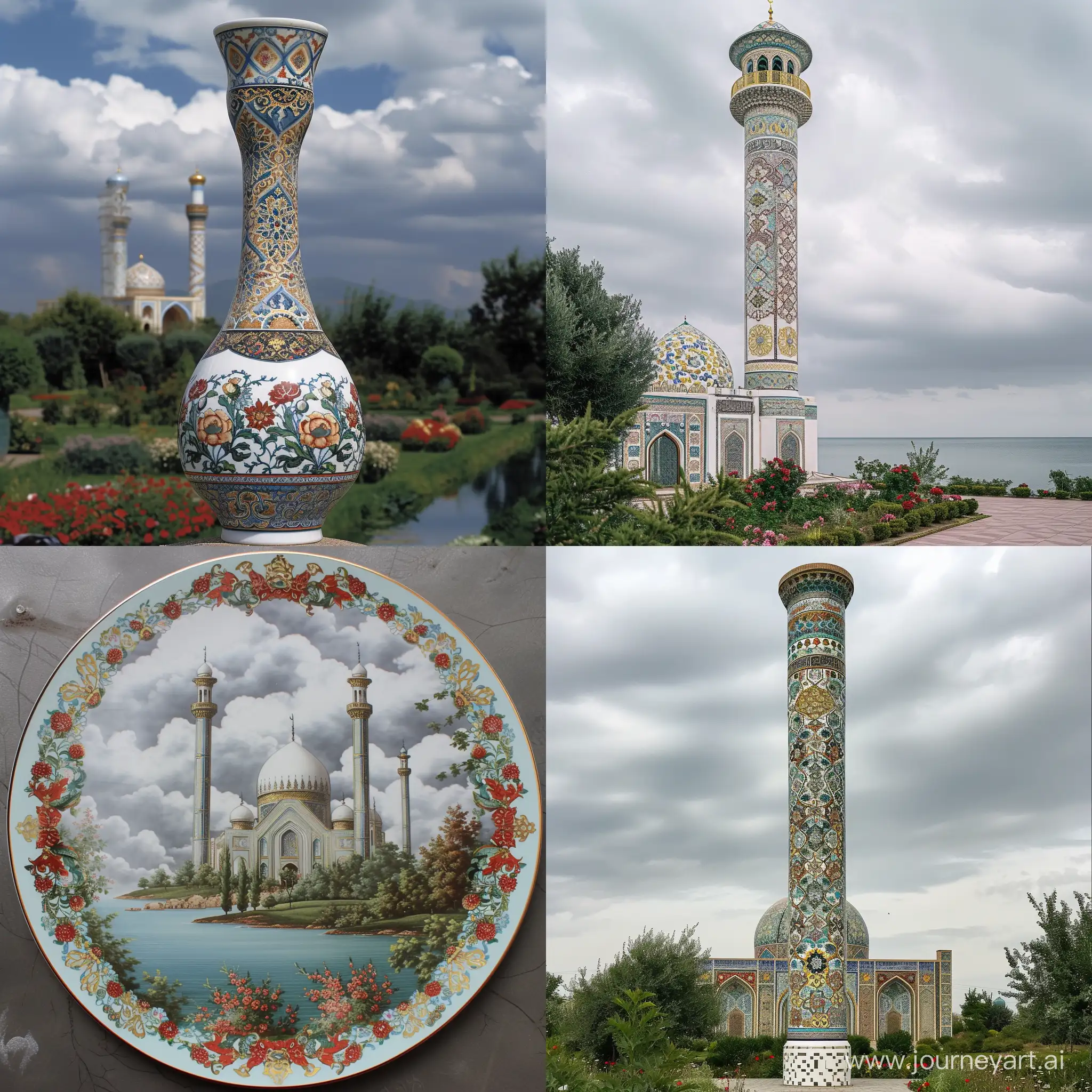 A porcelain, Depicting beautiful and tall Uzbekistan mosque beyond sea and garden under cloudy sky, iznik floral decoration and gold arabesque ornaments, white blue red greenish grey